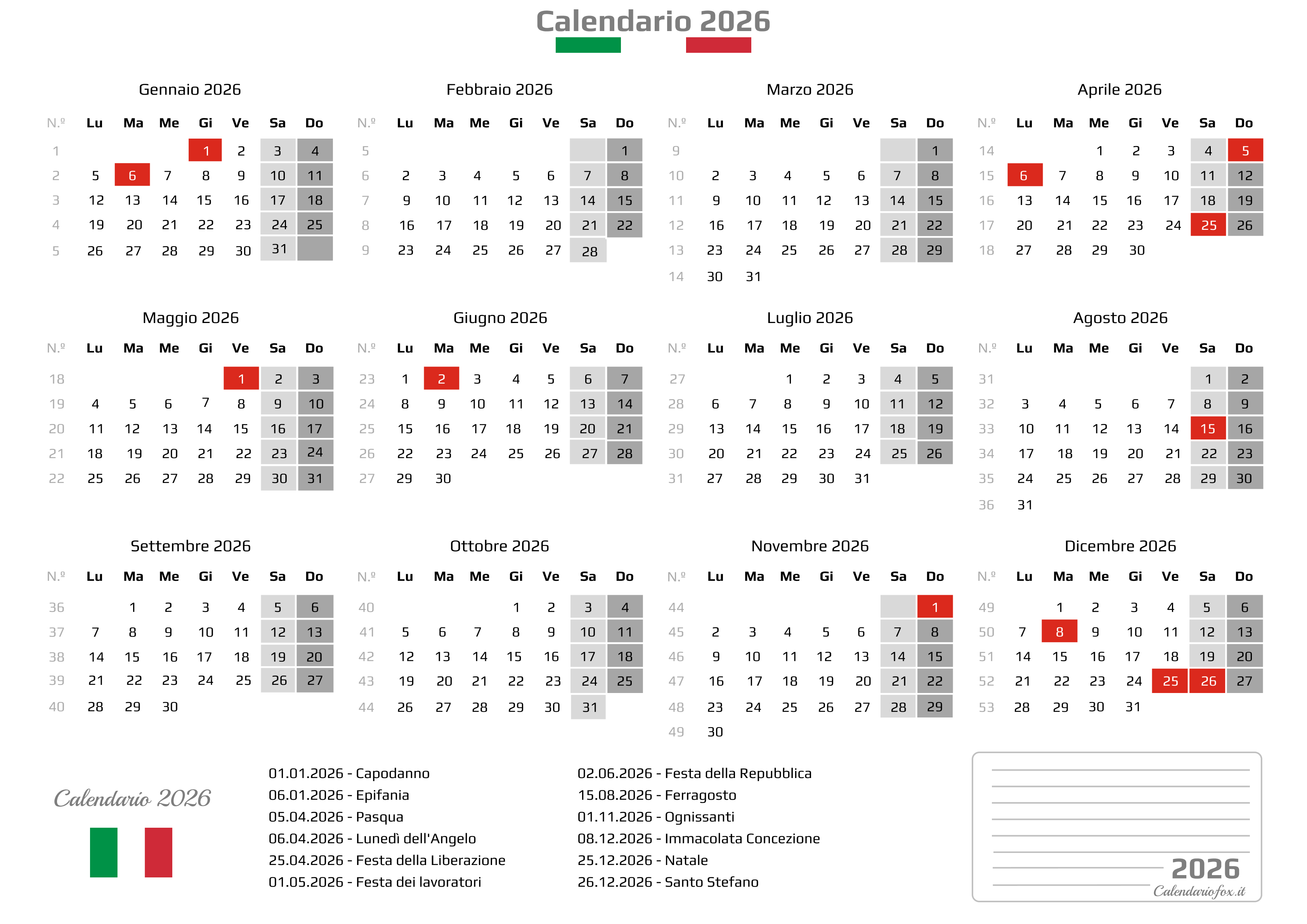 Annuale calendario 2026 con festivita Italiano