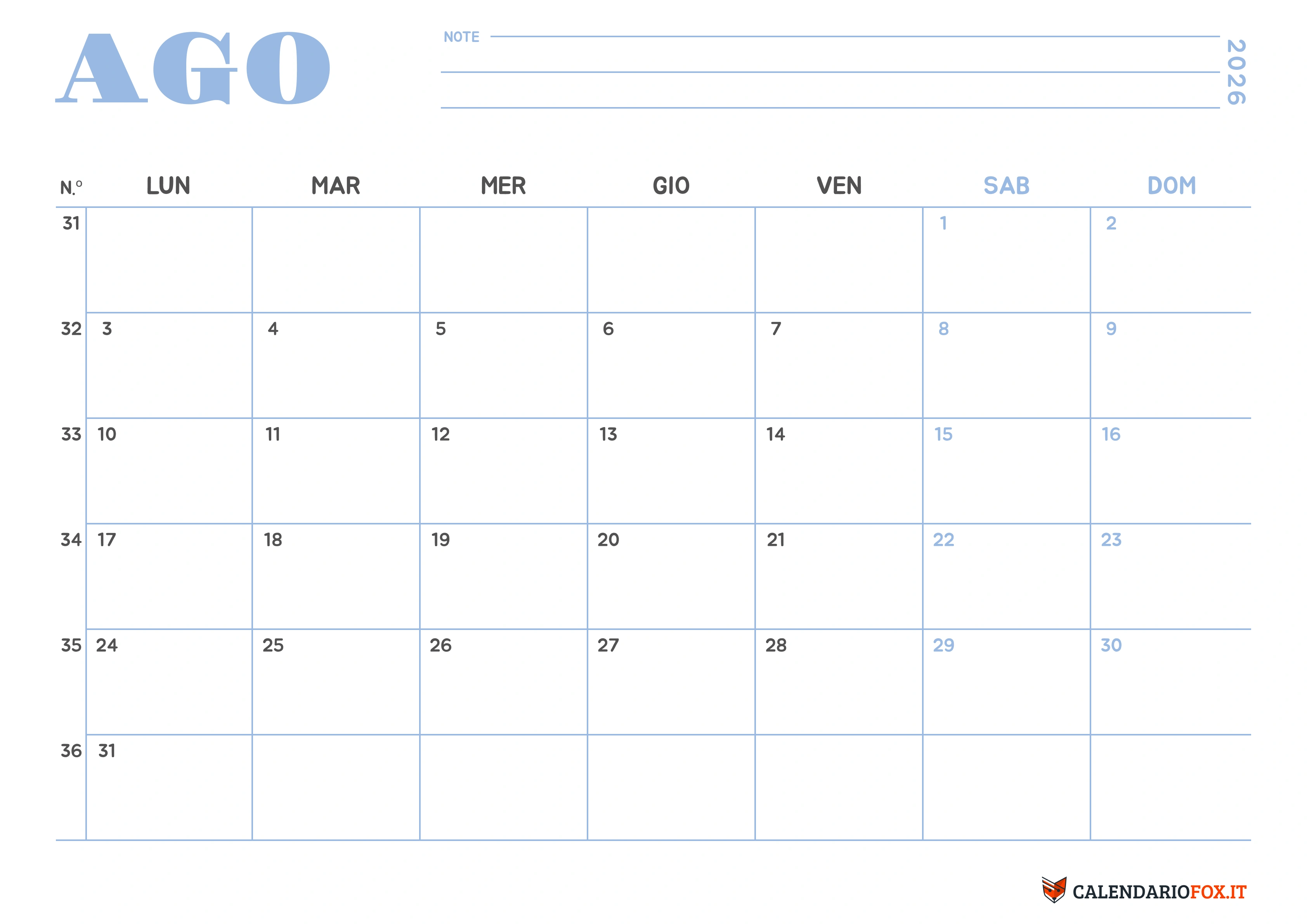 Calendario Agosto 2026