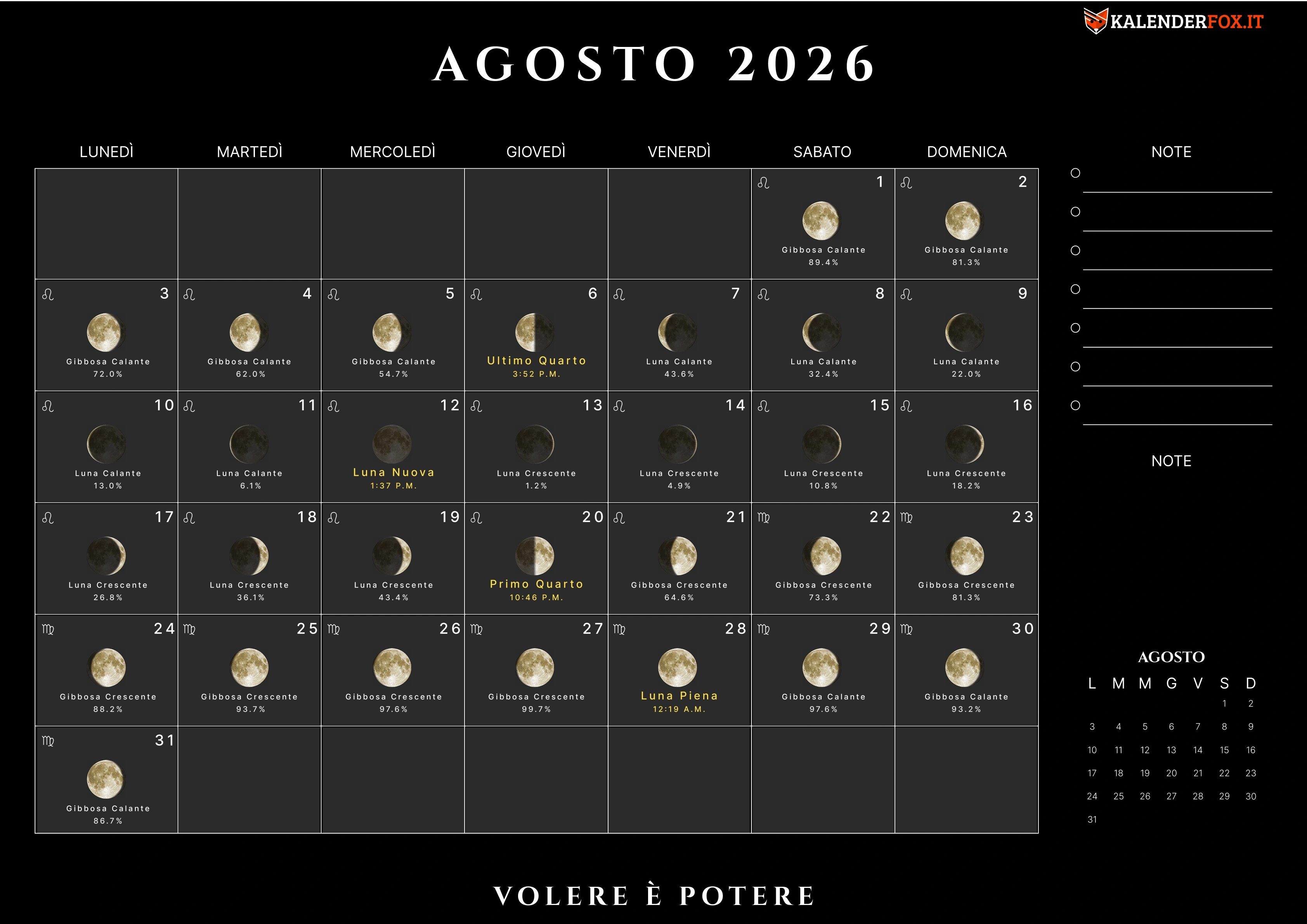 Calendario agosto con fasi lunari