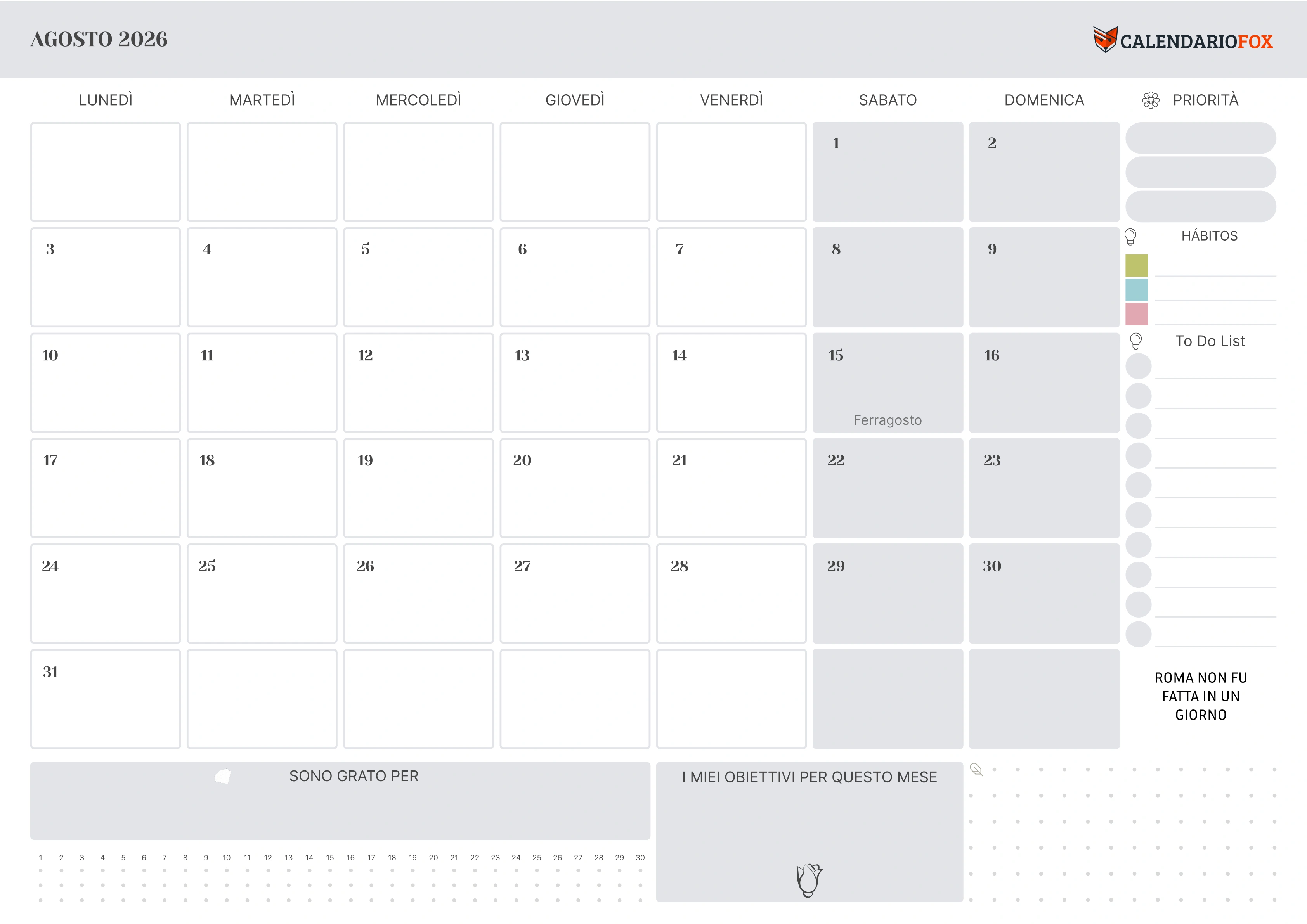 Calendario agosto con festività