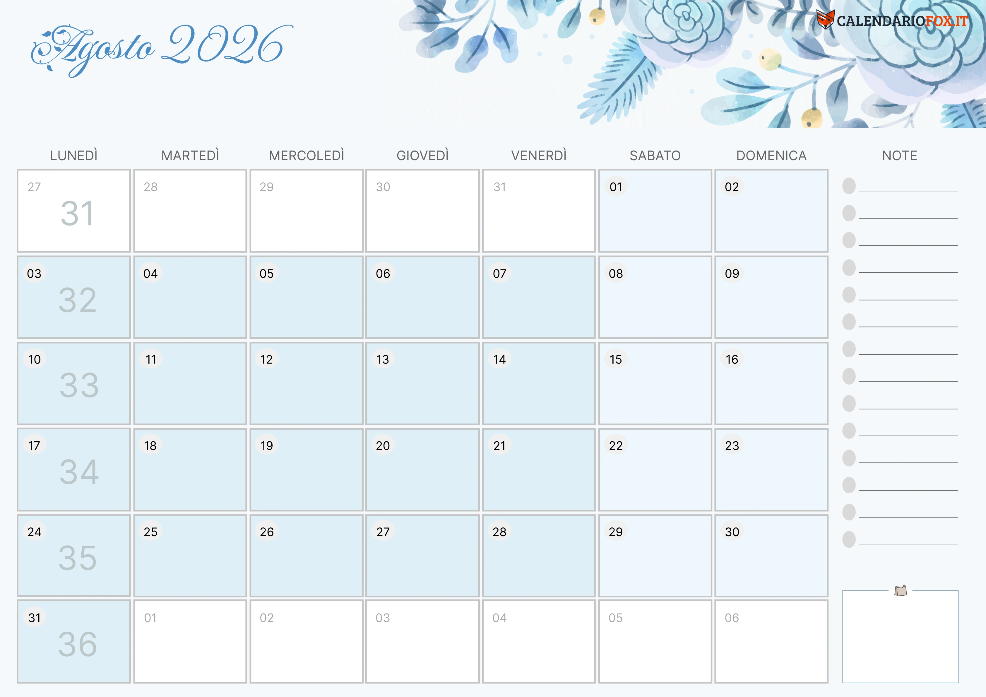 Calendario agosto estetico