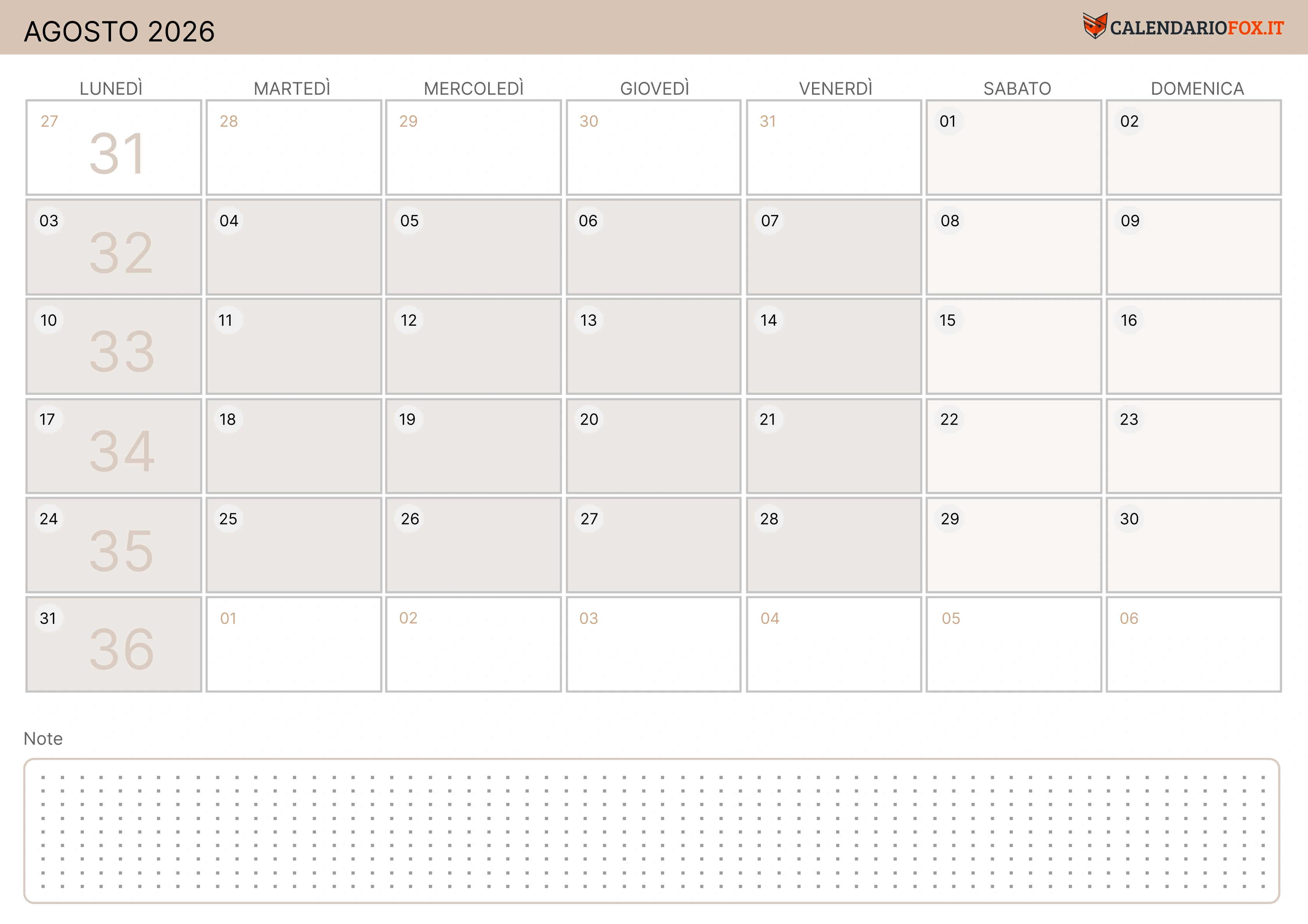 Calendario agosto moderno
