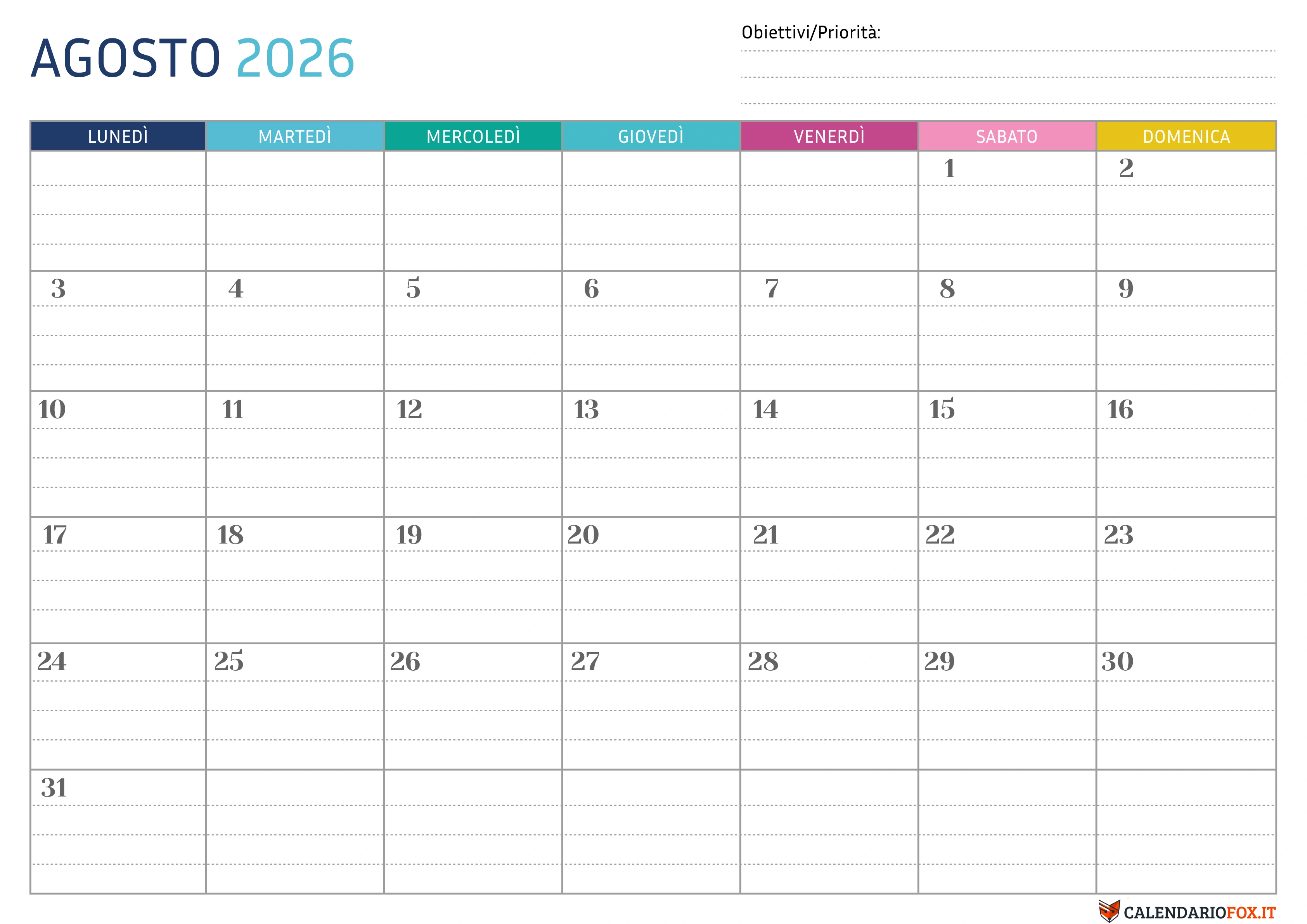 Calendario Agosto 2026 Da Stampare PDF Gratis Calendario Agosto 2026 Da Stampare PDF Gratis