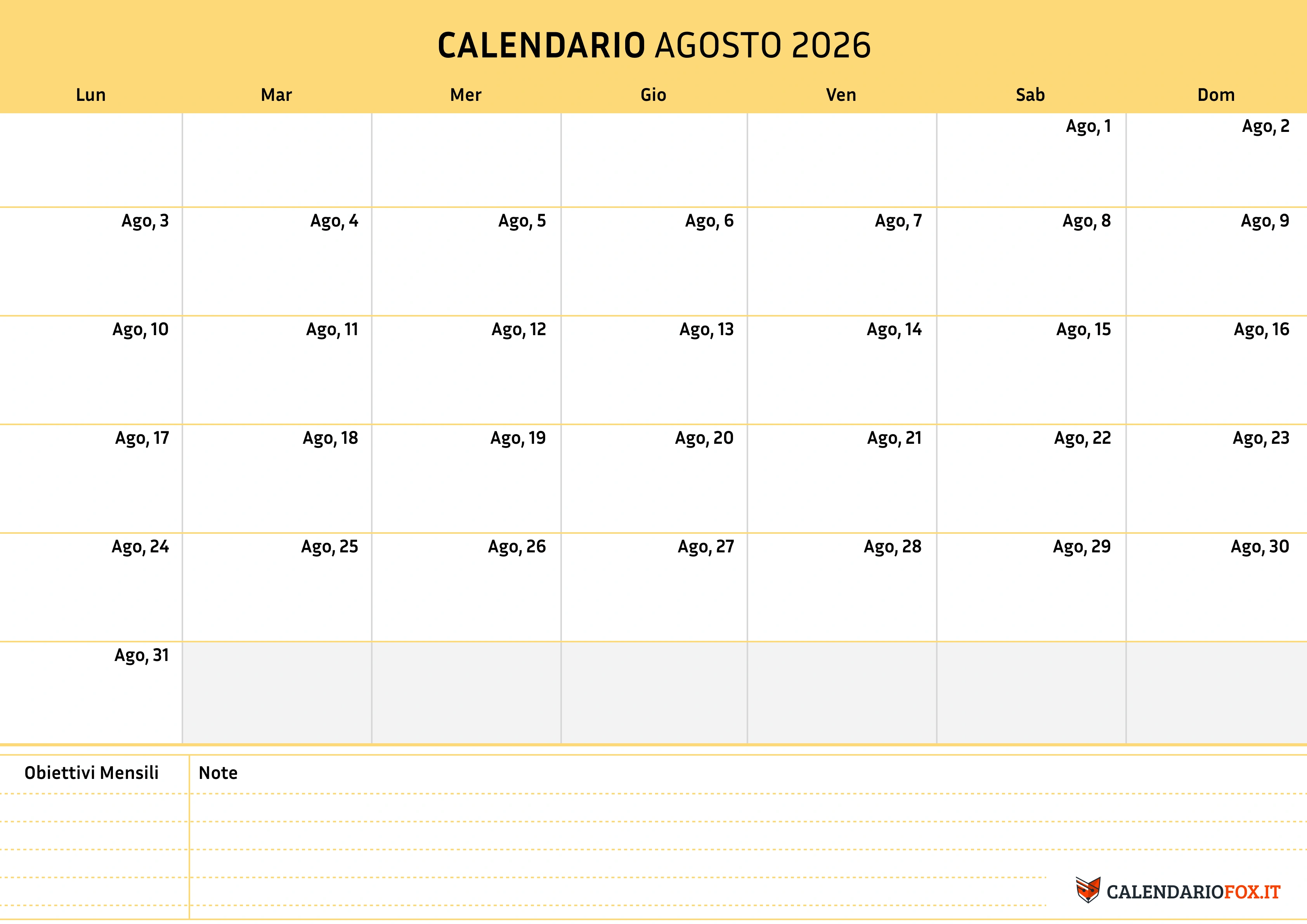 Calendario Agosto 2026 Da Stampare PDF Gratis Calendario Agosto 2026 Da Stampare PDF Gratis