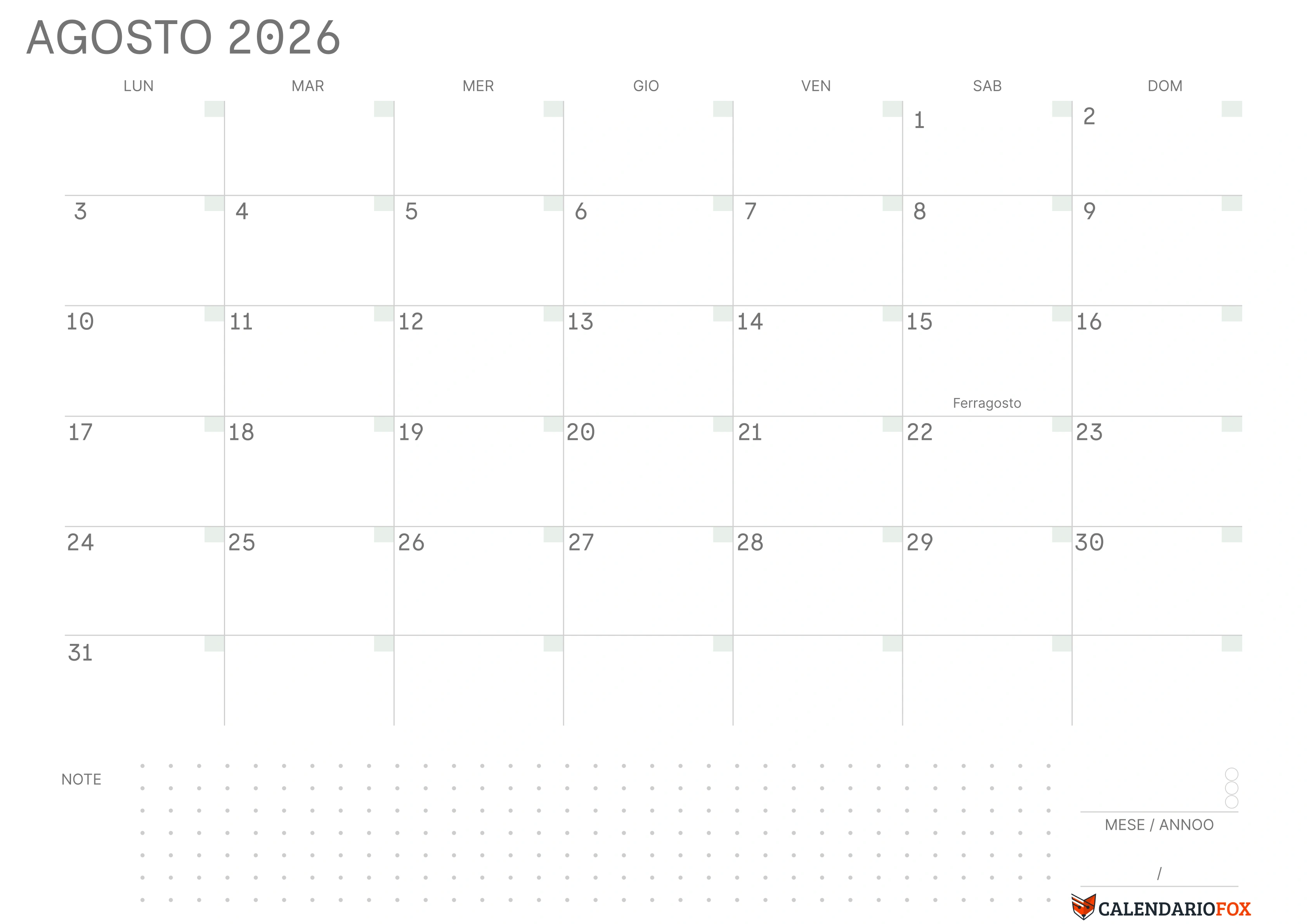 Calendario agosto vuoto