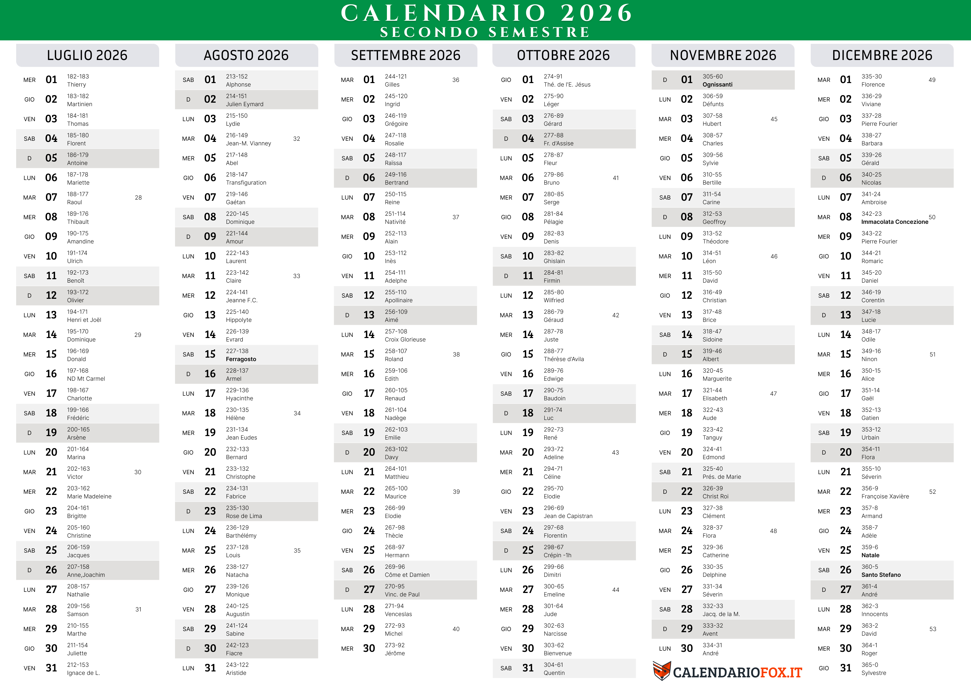 Calendario annuale 2026 secondo semestre