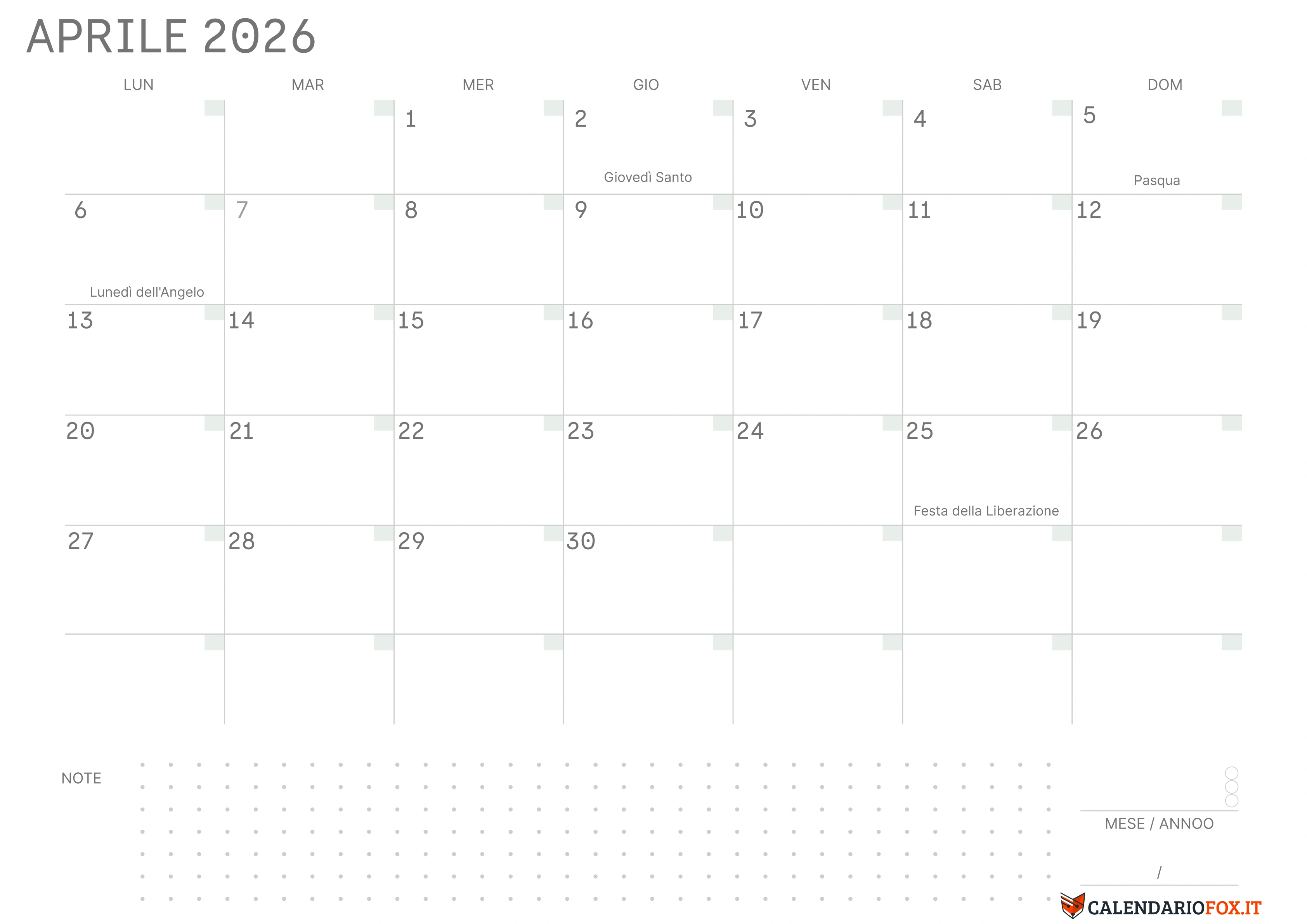 Calendario Aprile 2026