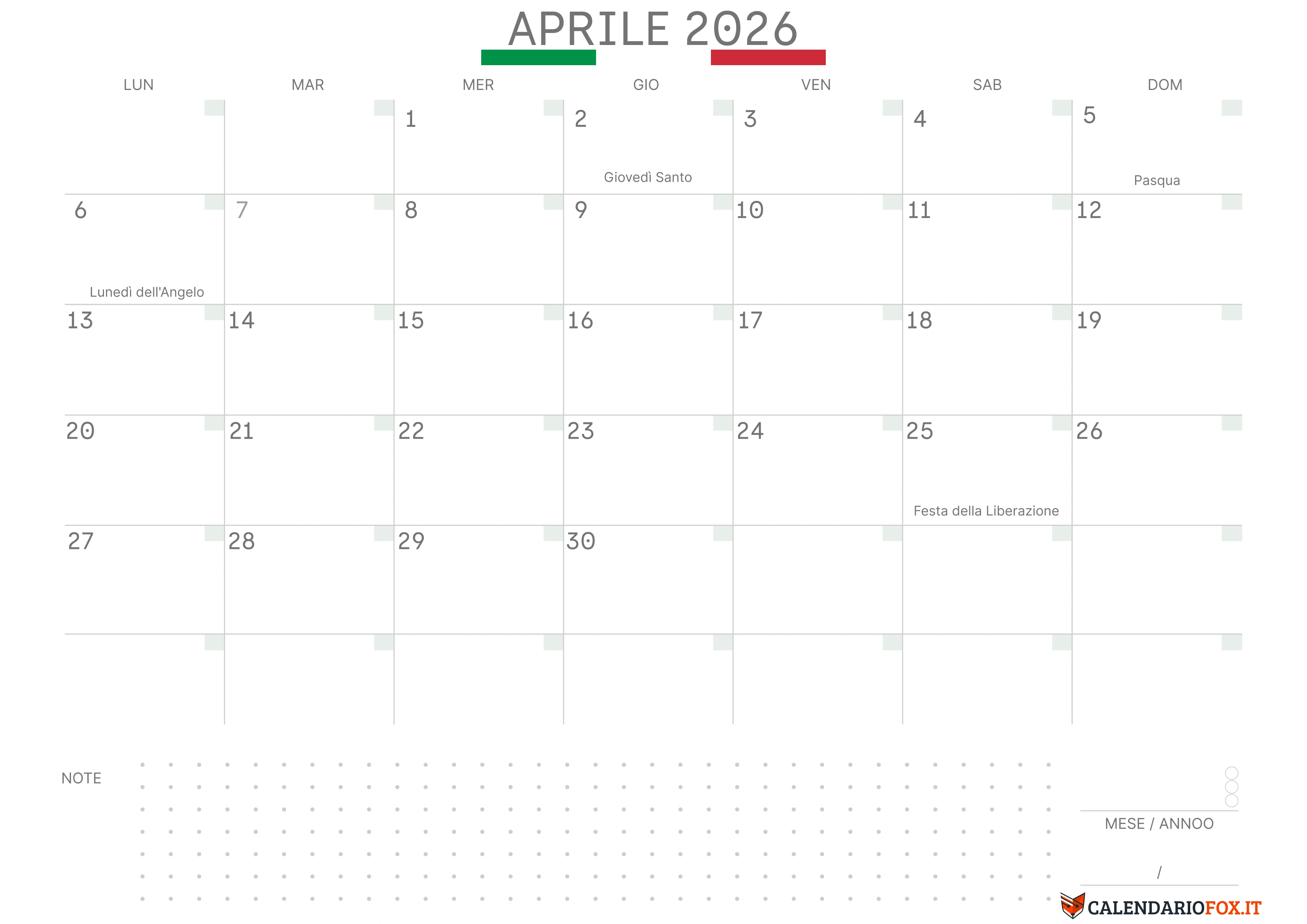 Calendario aprile con bandiera italiana