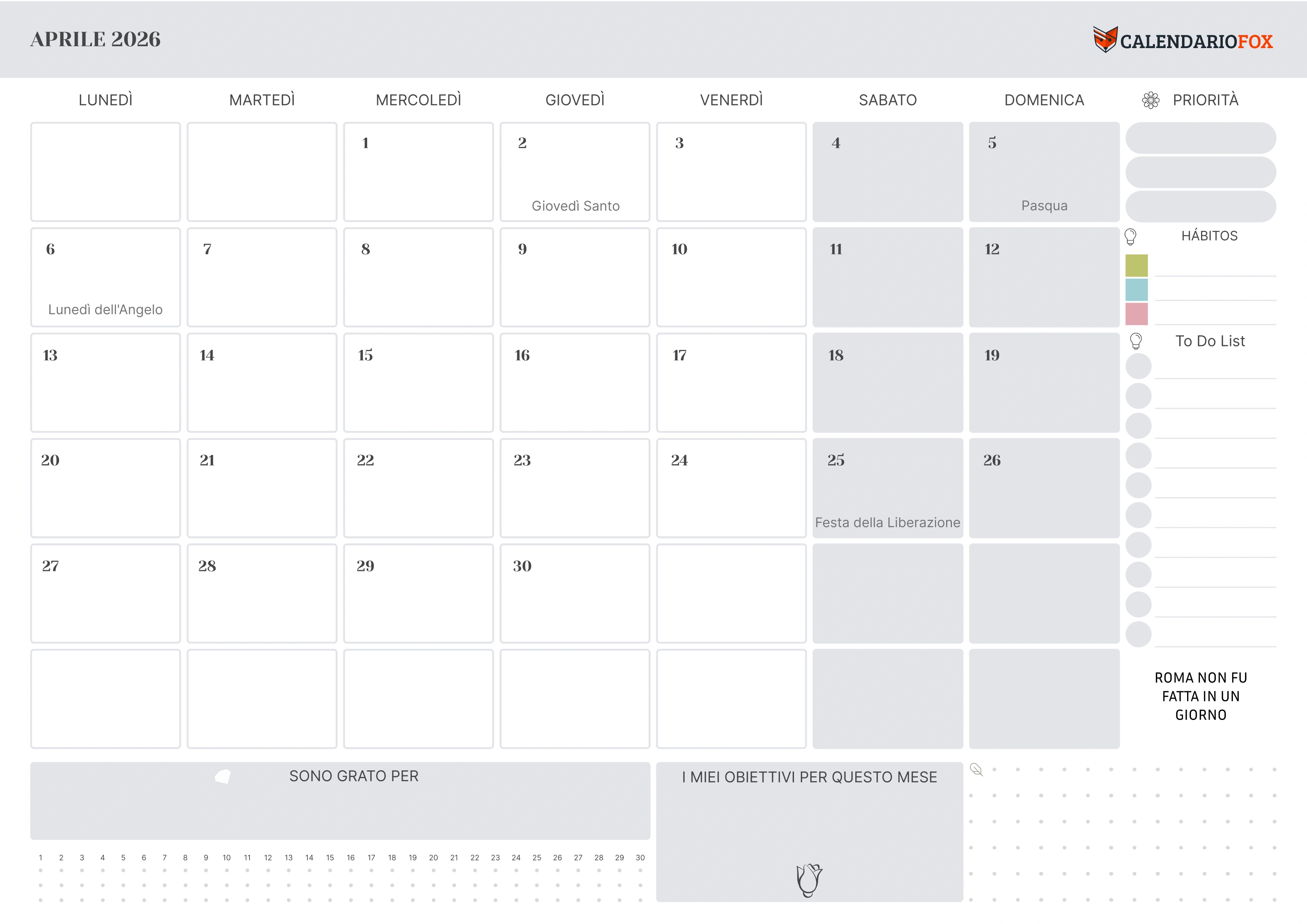 Calendario aprile con festività
