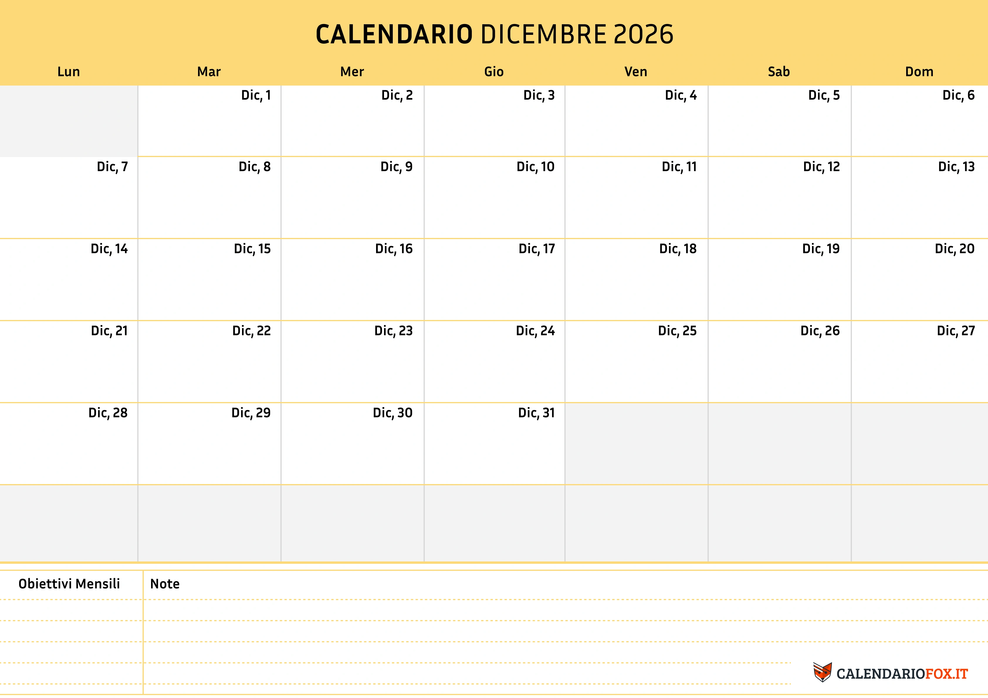 Calendario Dicembre 2026