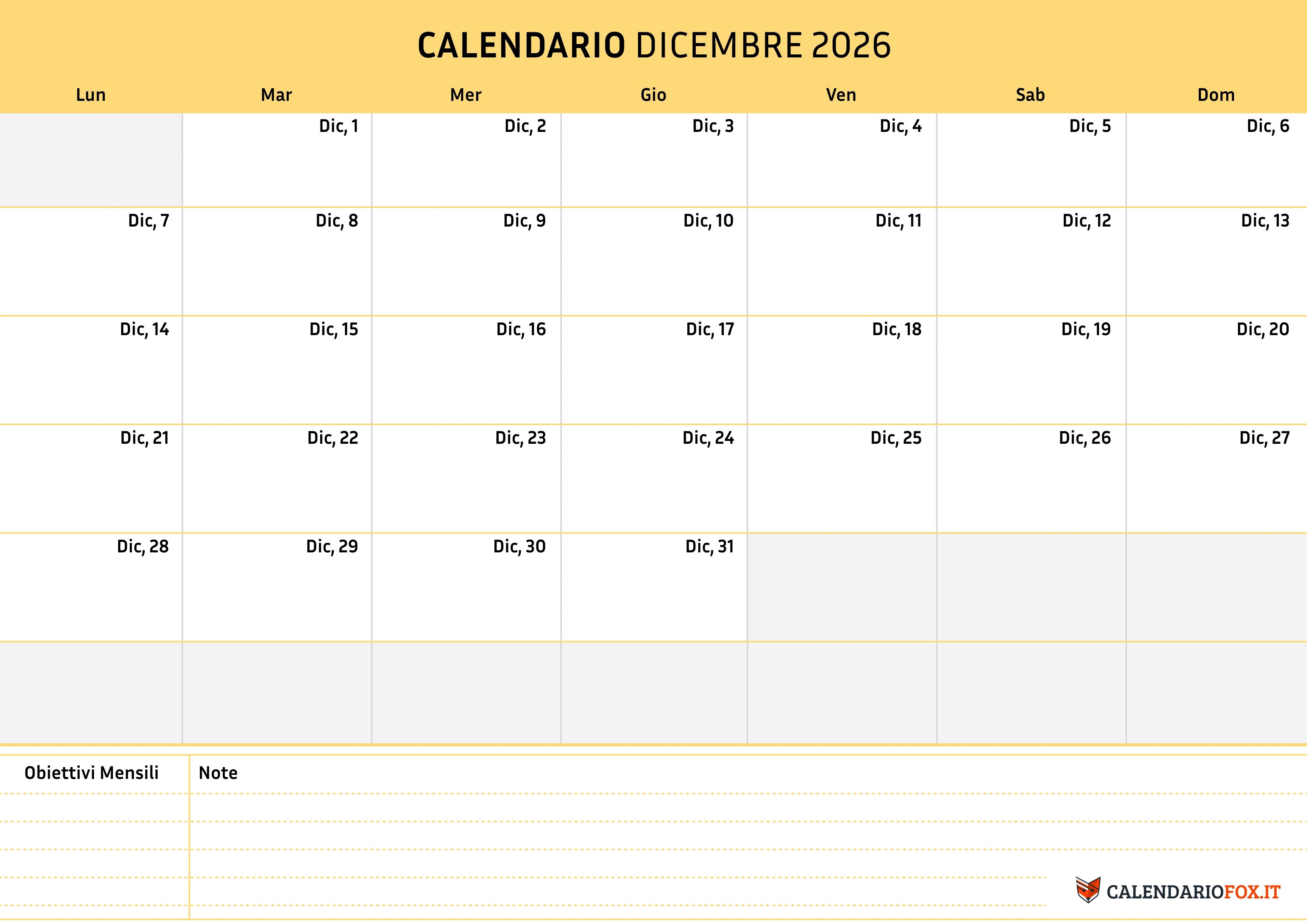 Calendario dicembre semplice
