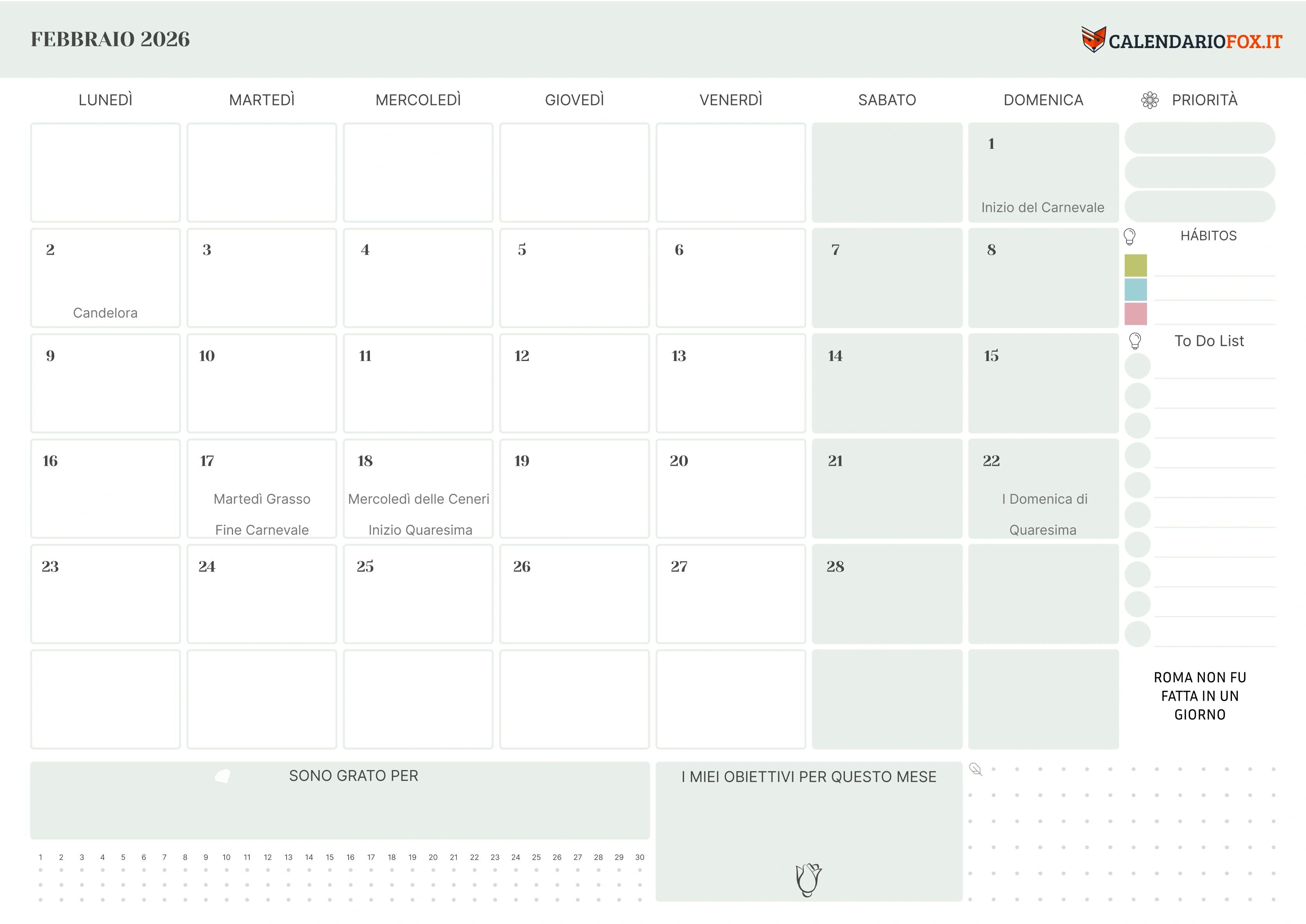 Calendario Febbraio 2026