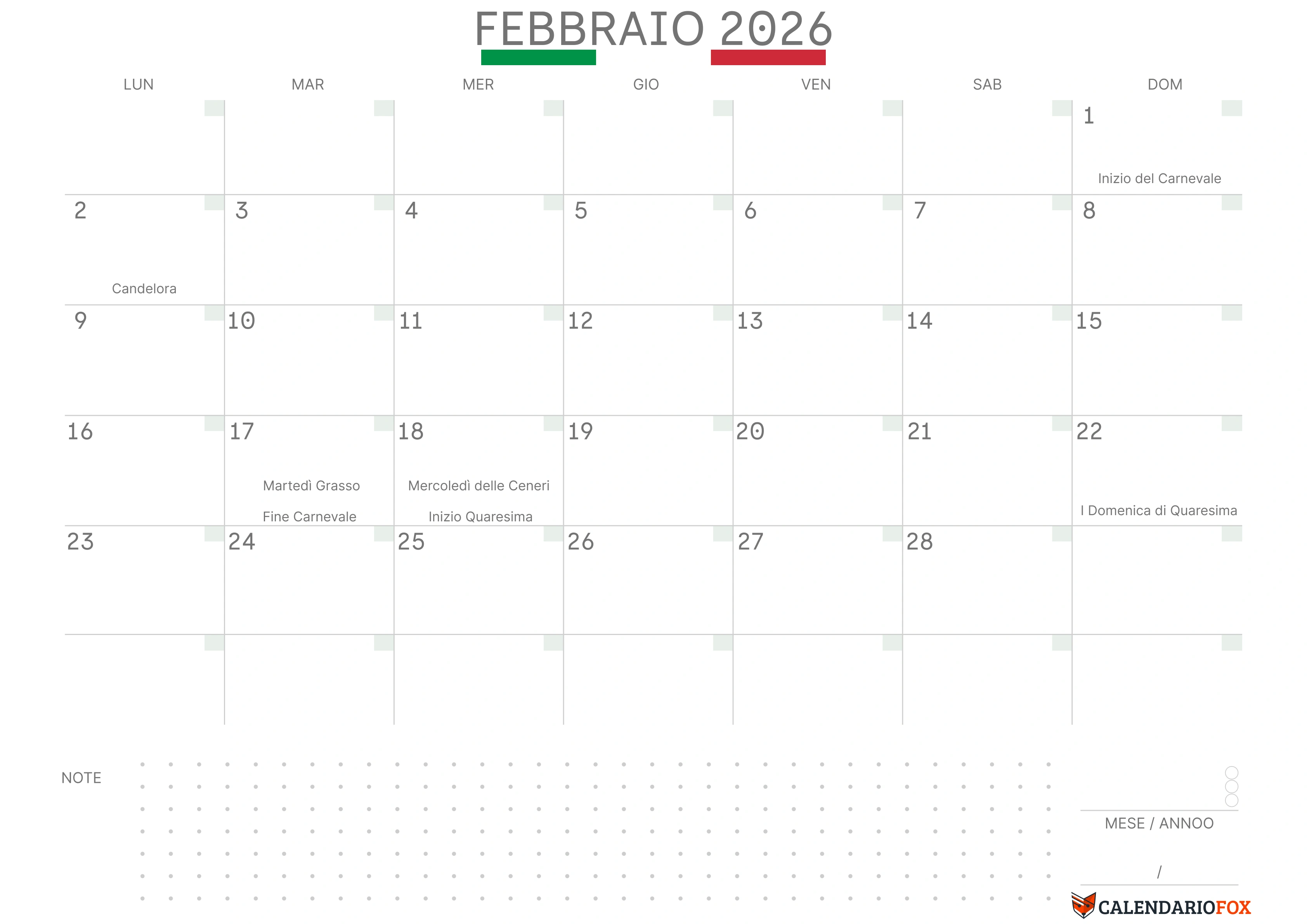 Calendario febbraio con bandiera italiana