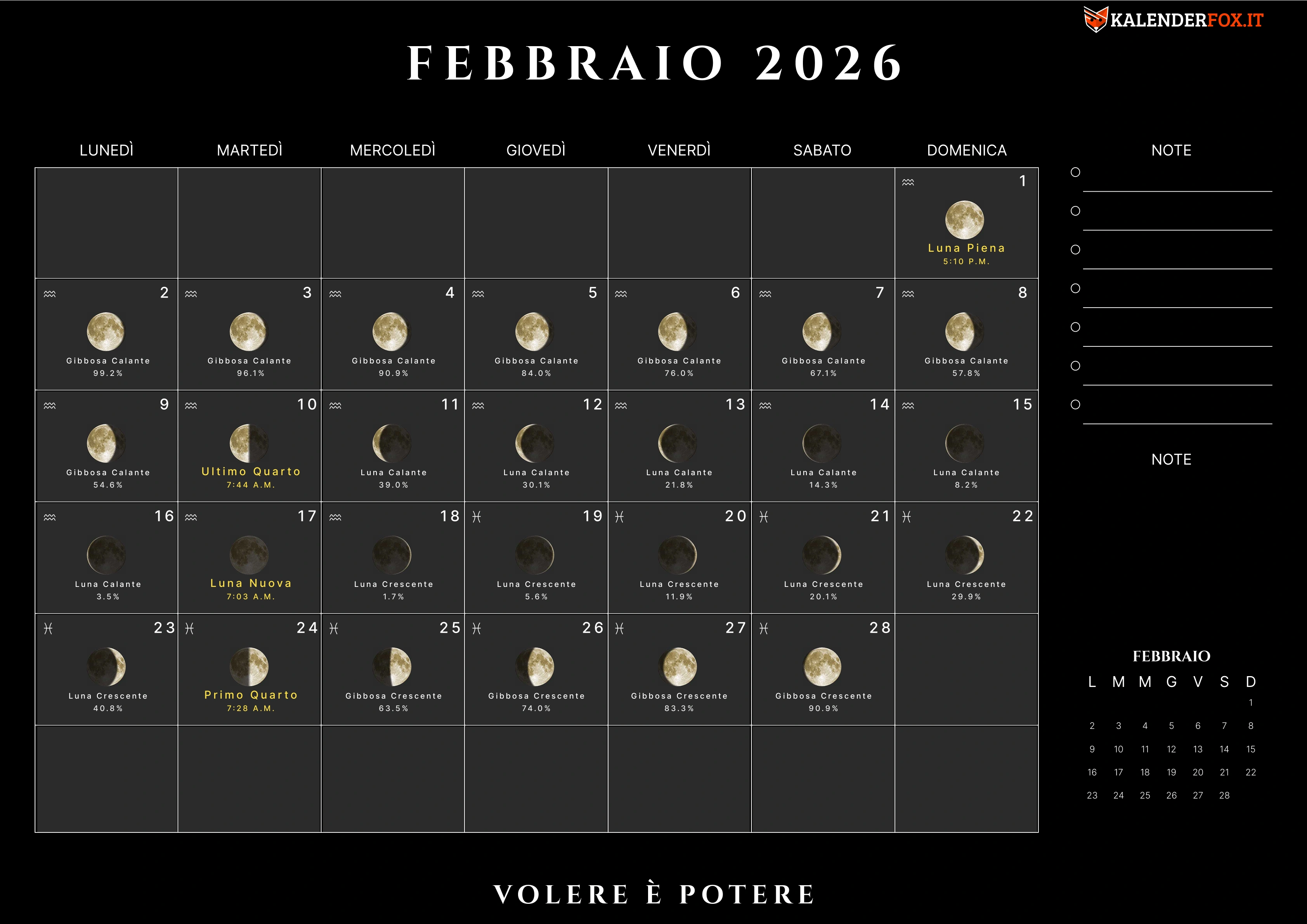 Calendario febbraio con fasi lunari