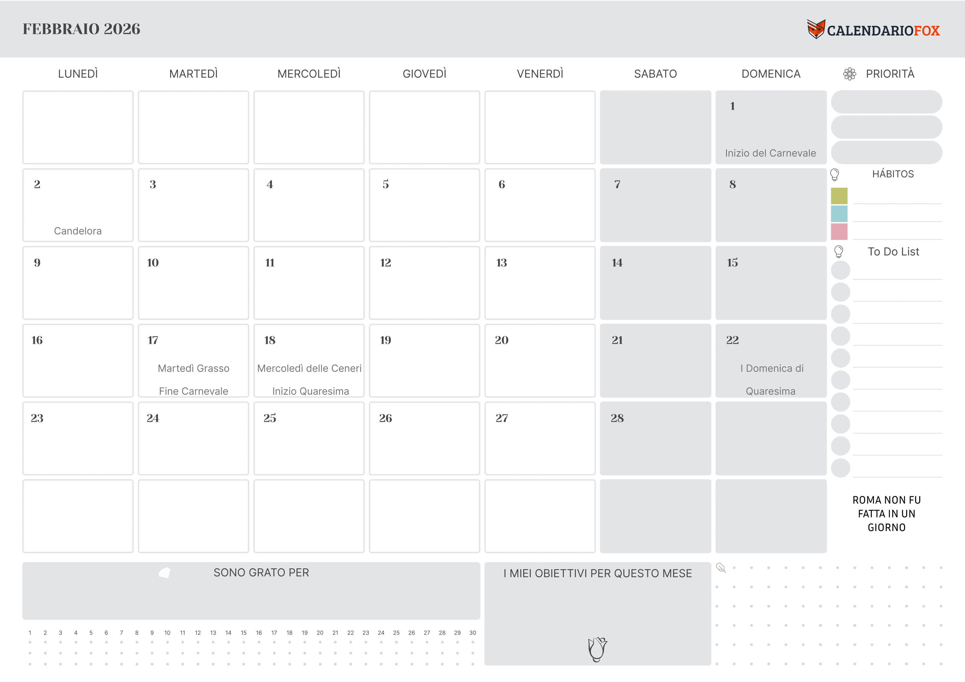 Calendario febbraio con festività