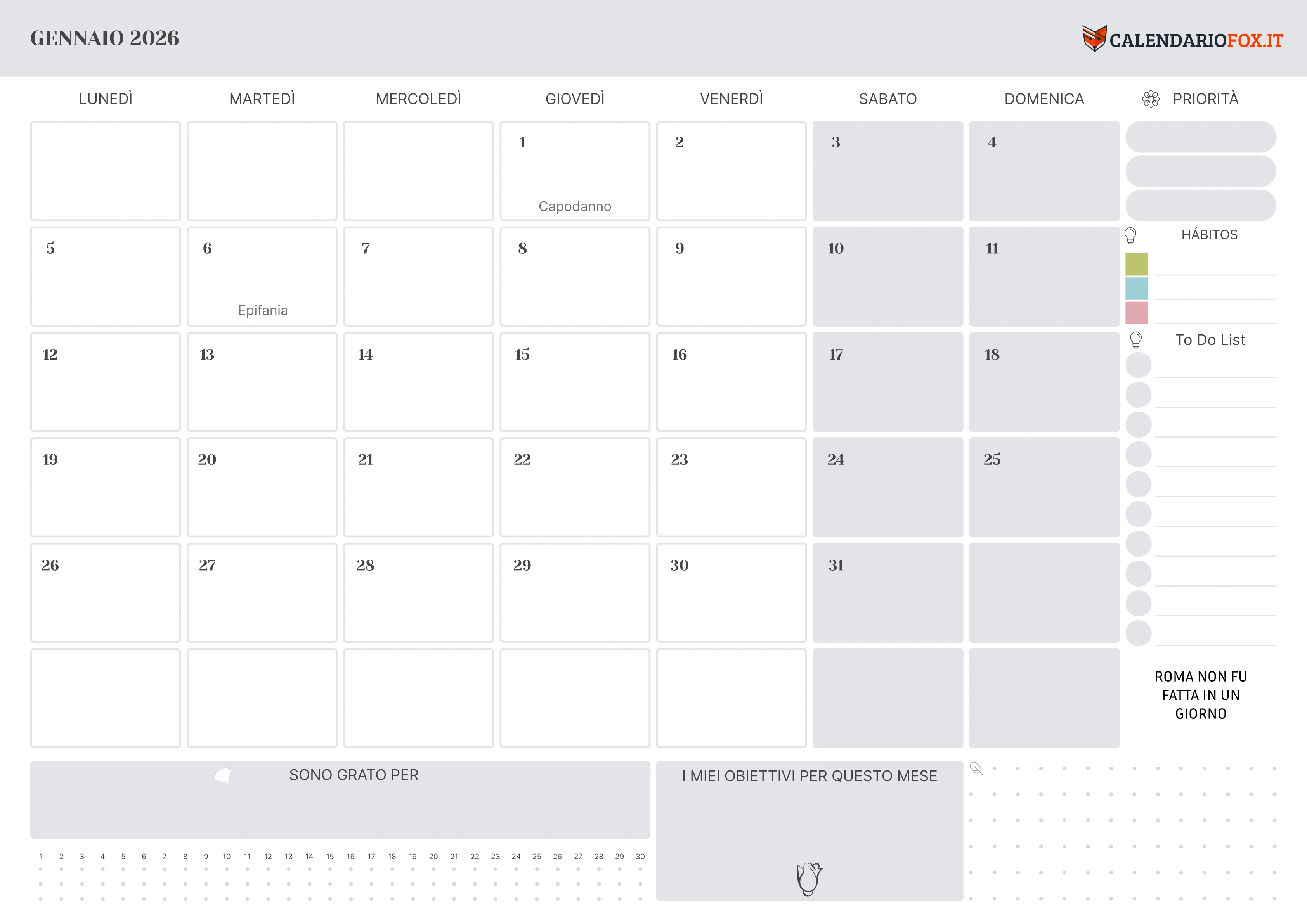 Calendario Gennaio 2026