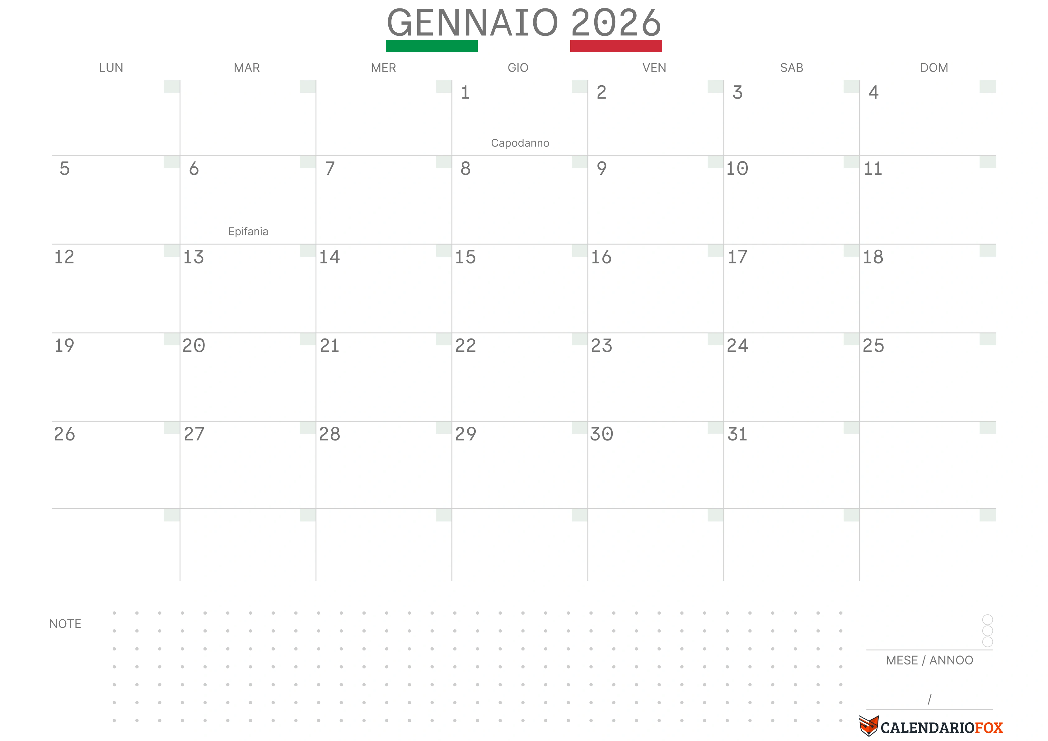 Calendario Gennaio con bandiera italiana