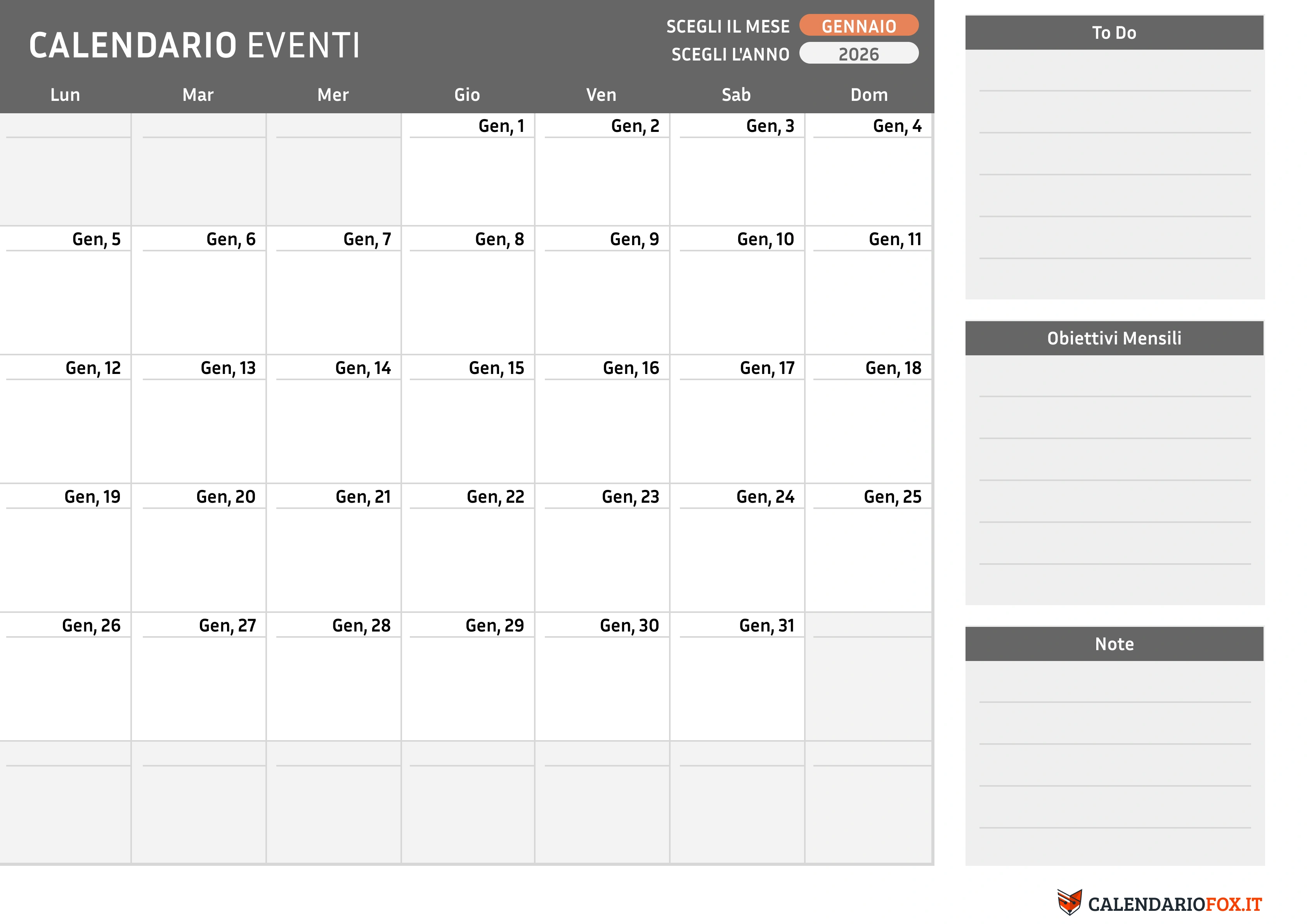 Calendario Gennaio con To-Do List