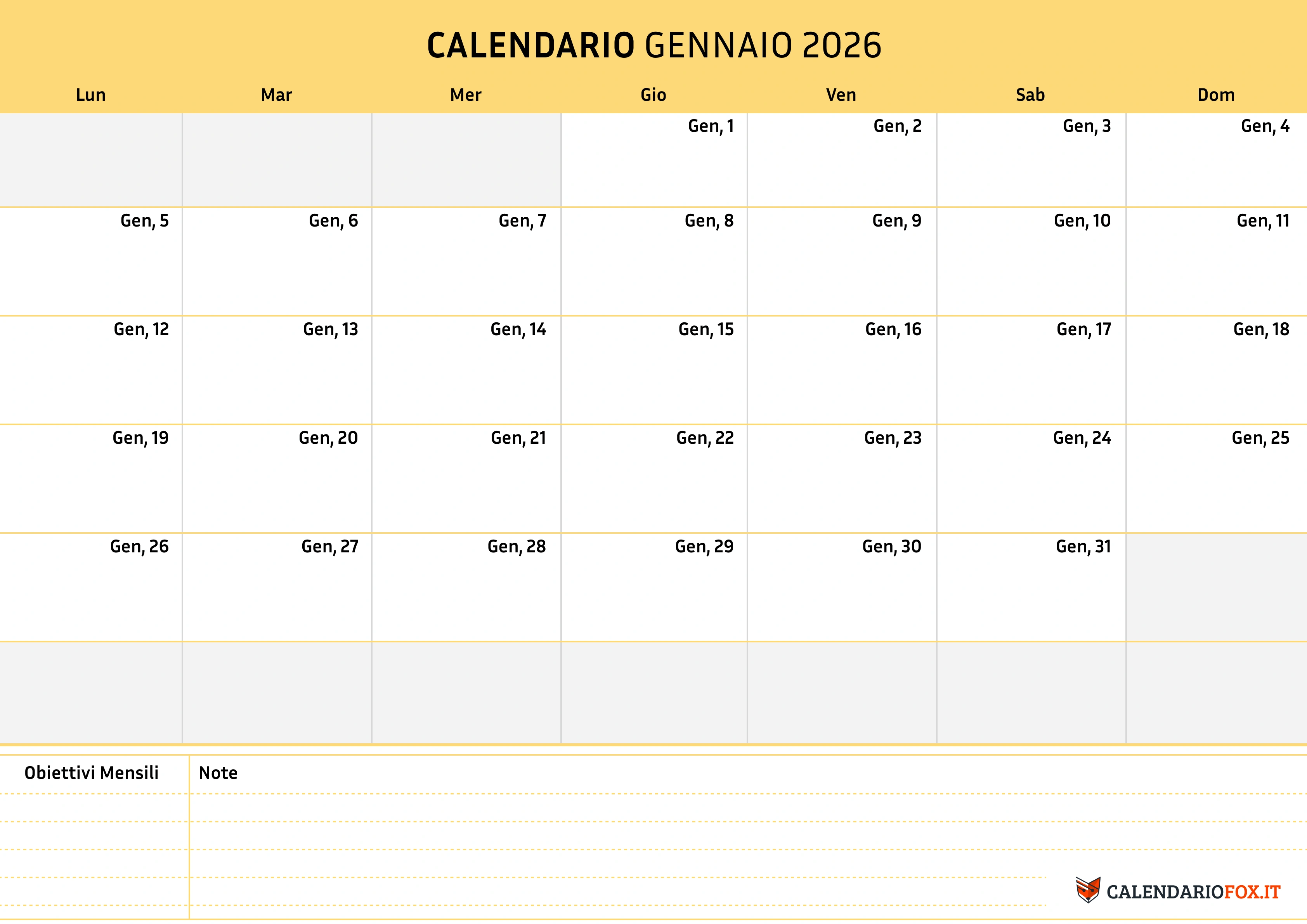 Calendario Gennaio semplice