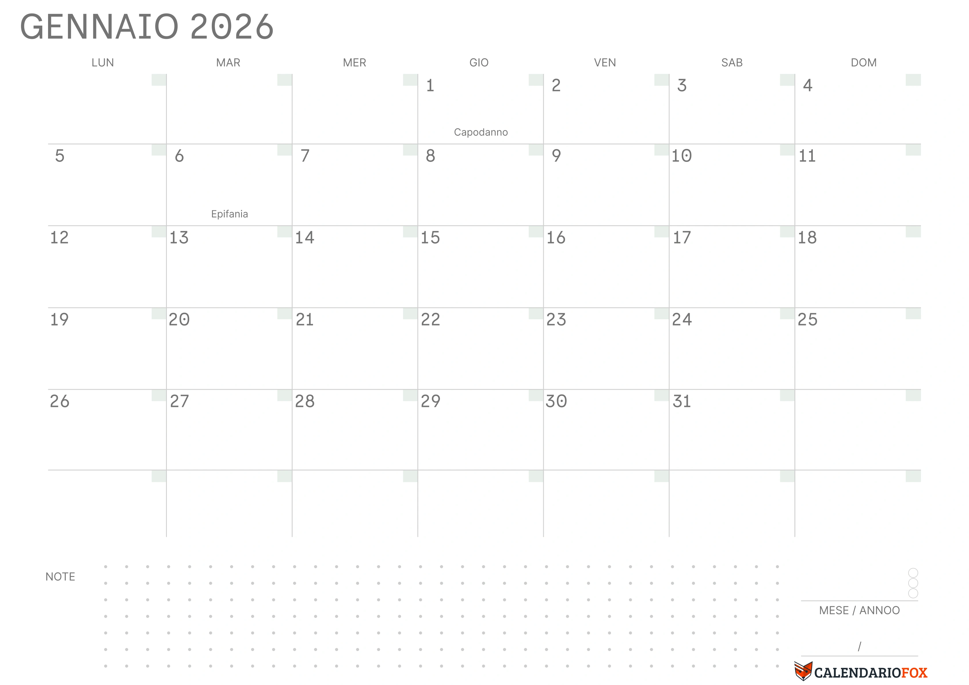 Calendario Gennaio vuoto