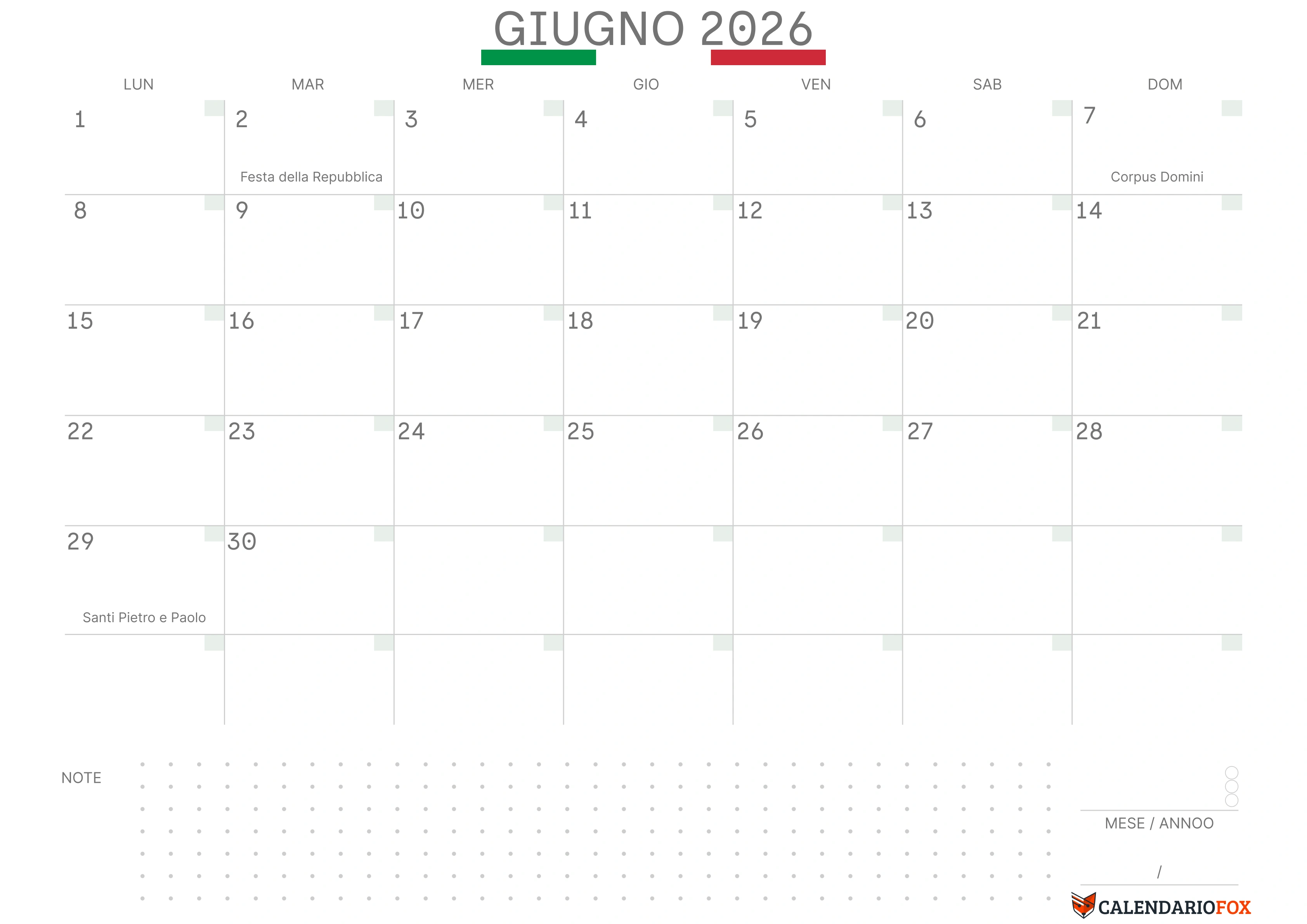 Calendario giugno con bandiera italiana