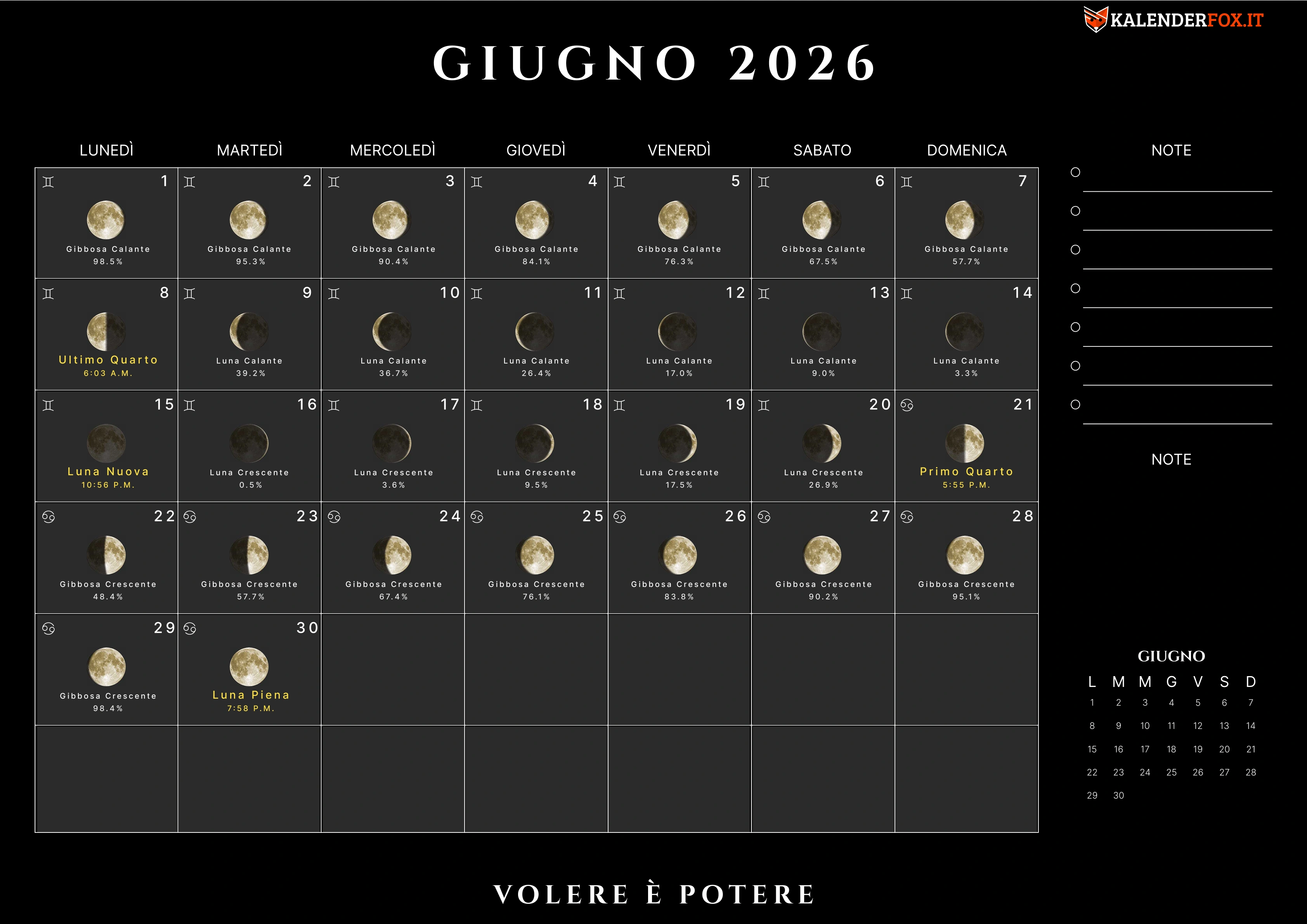 Calendario giugno con fasi lunari