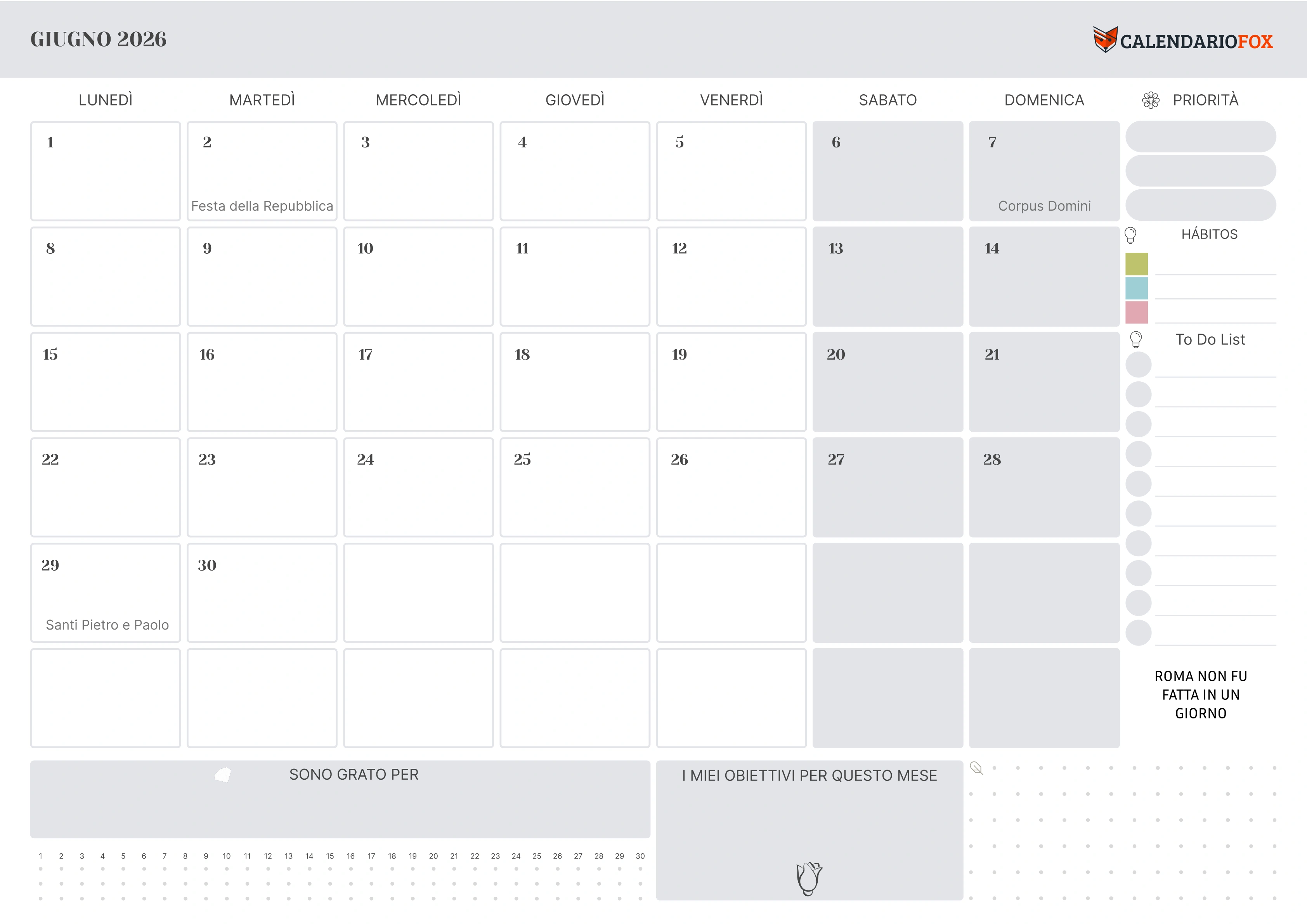 Calendario giugno con festività