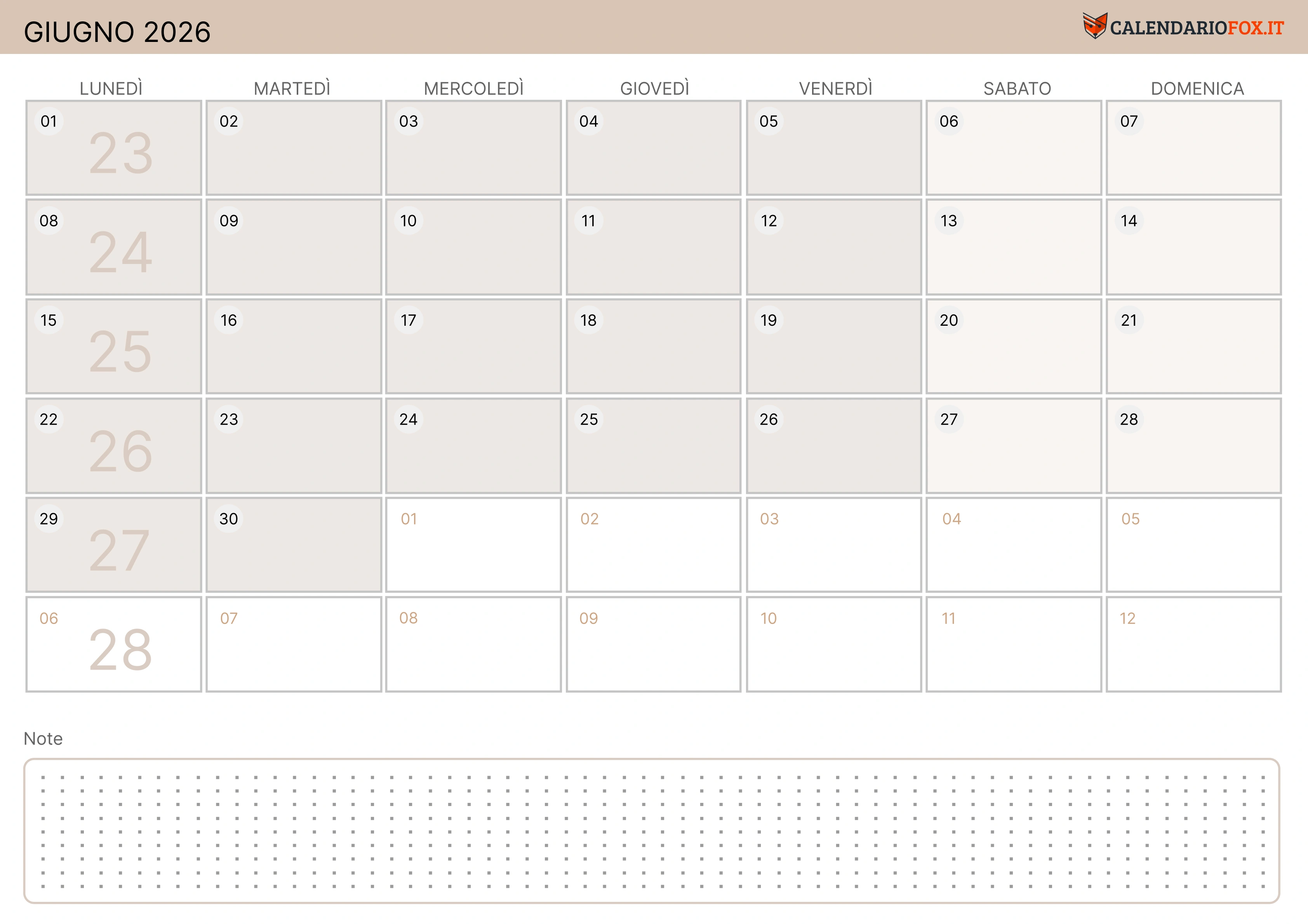 Calendario giugno moderno