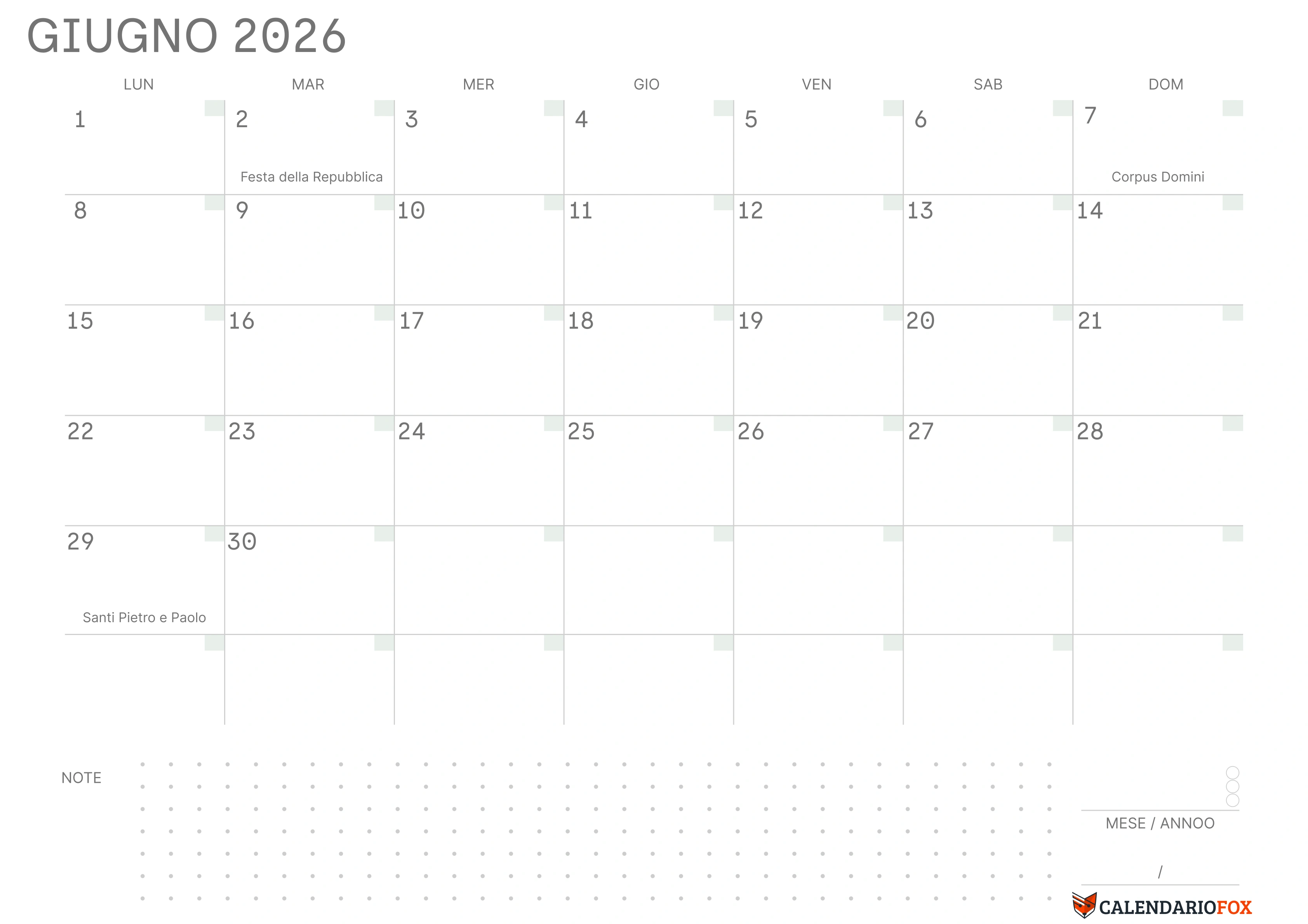 Calendario giugno vuoto