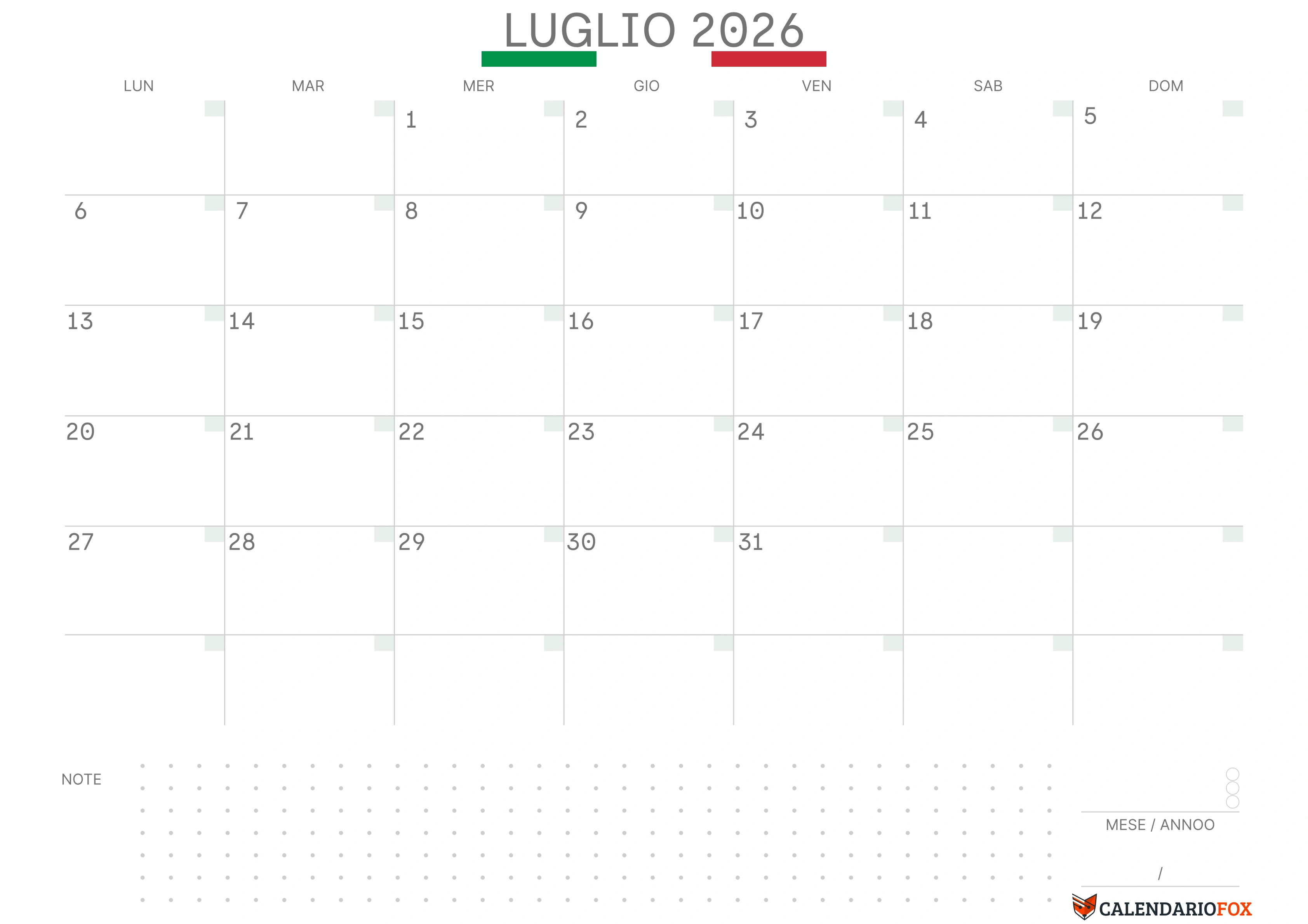Calendario luglio con bandiera italiana