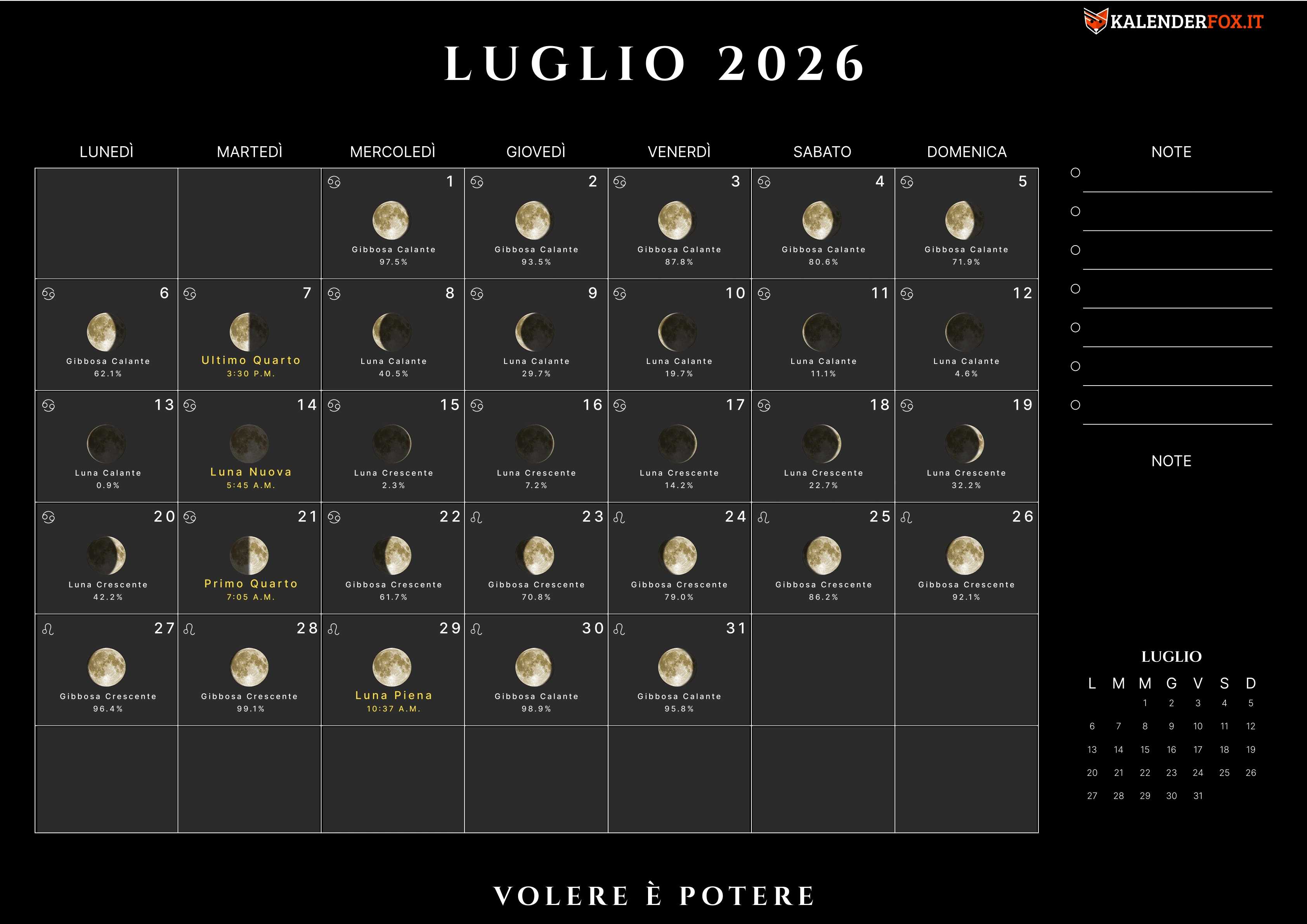 Calendario luglio con fasi lunari
