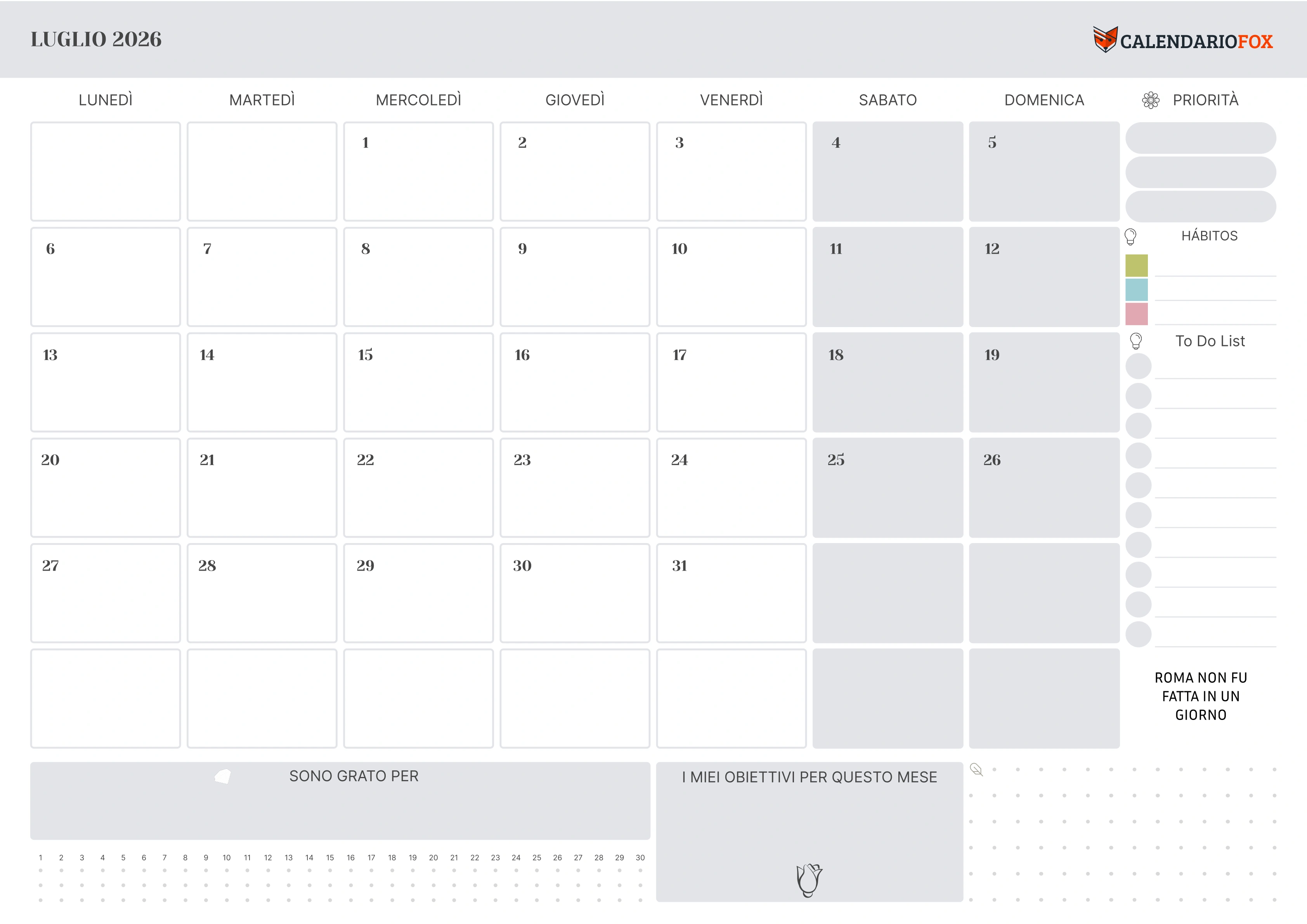 Calendario luglio con festività