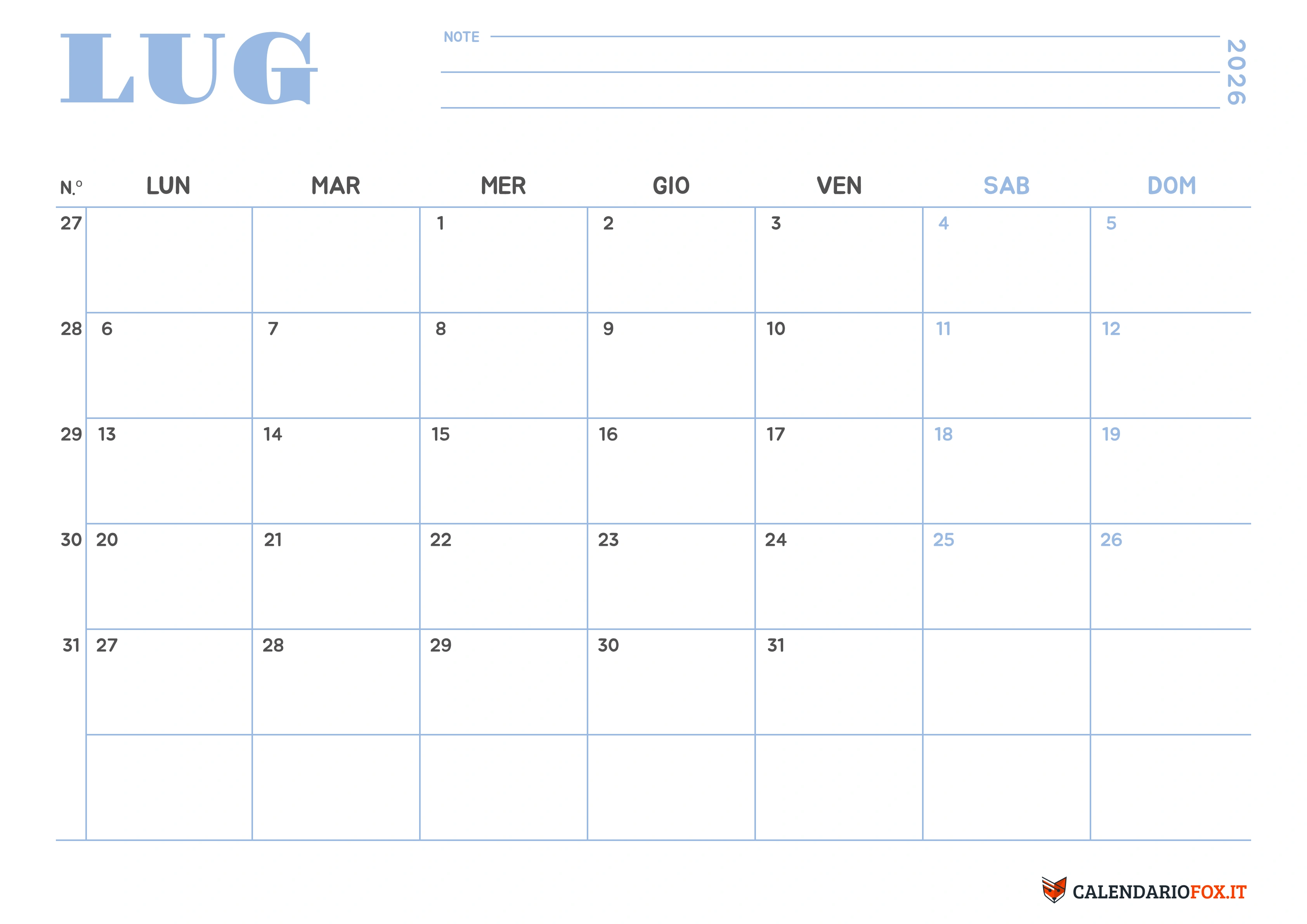 Calendario luglio minimalista