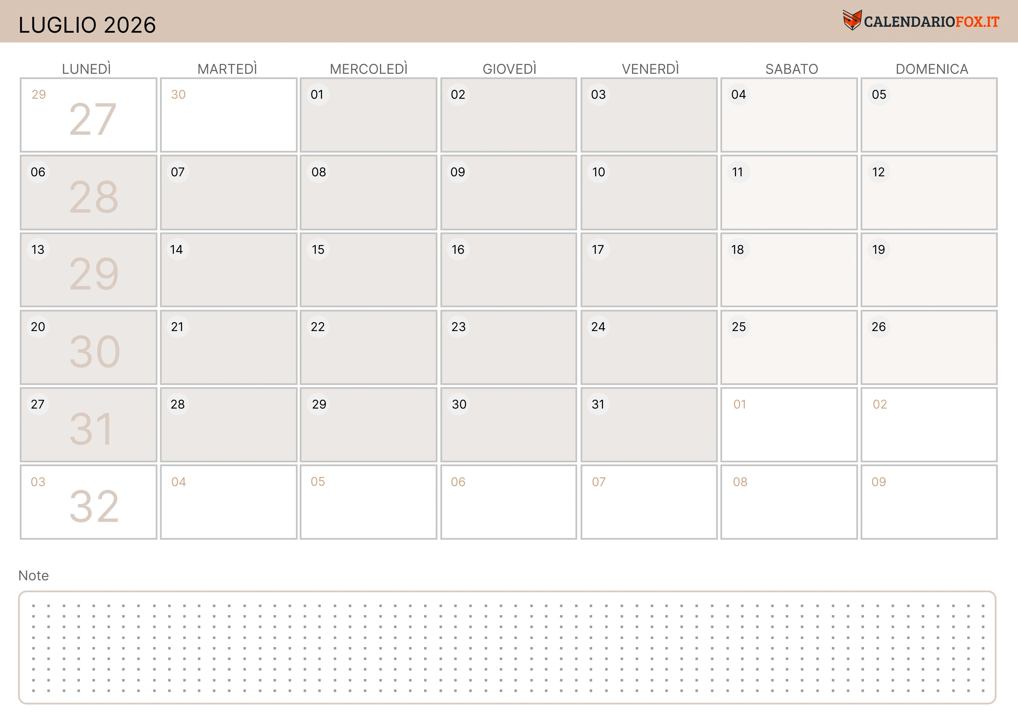 Calendario luglio moderno