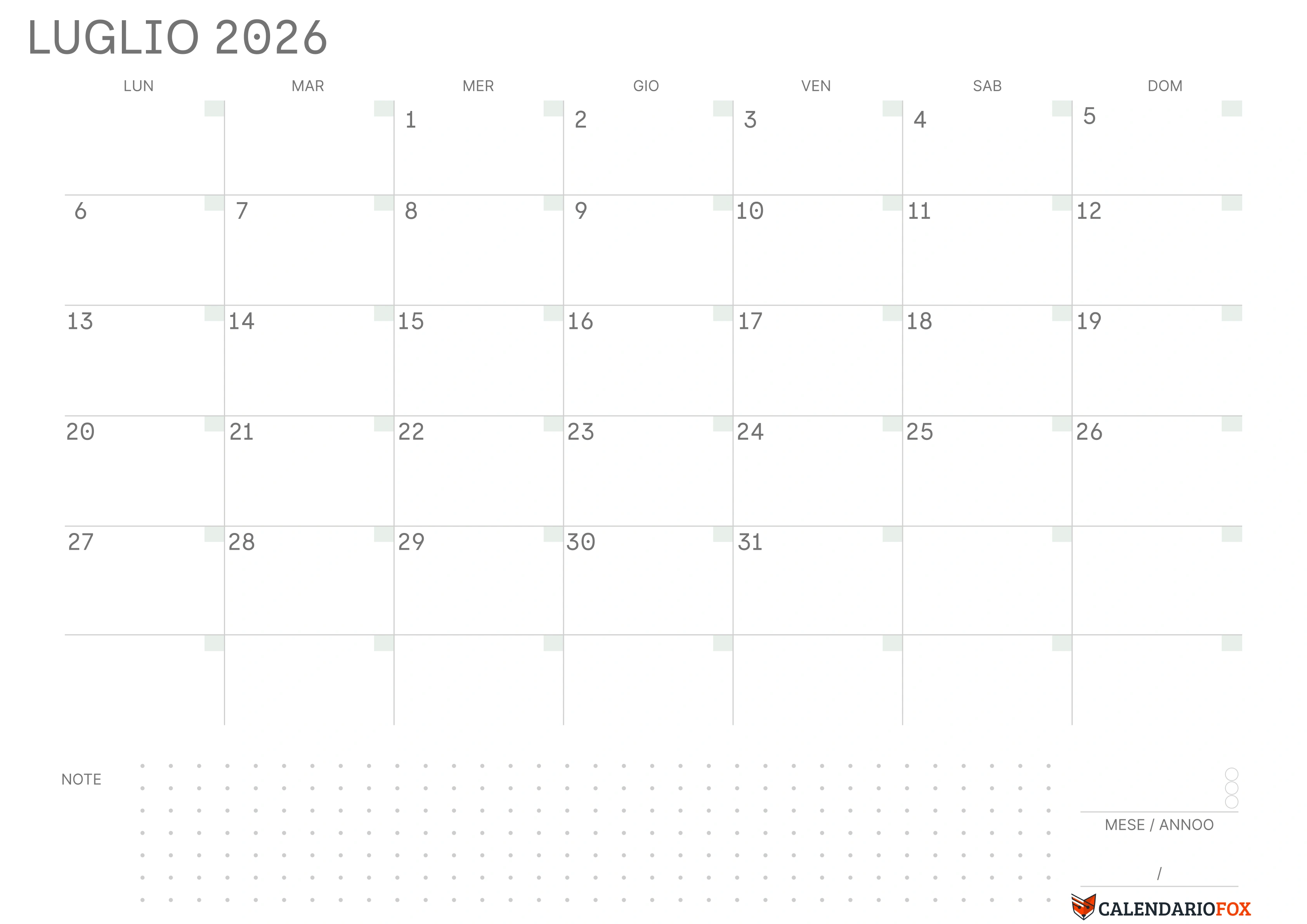 Calendario luglio vuoto