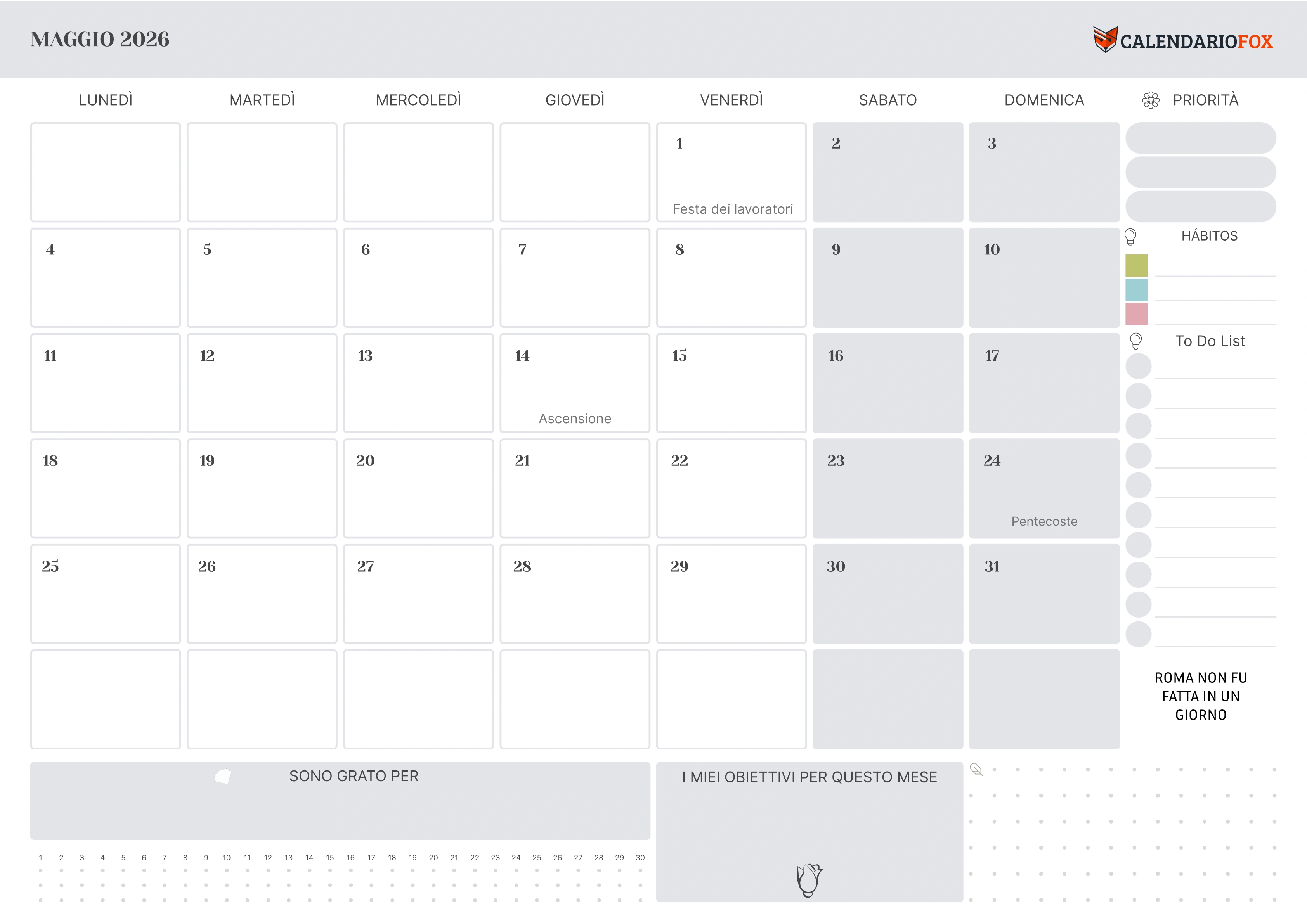 Calendario maggio con festività