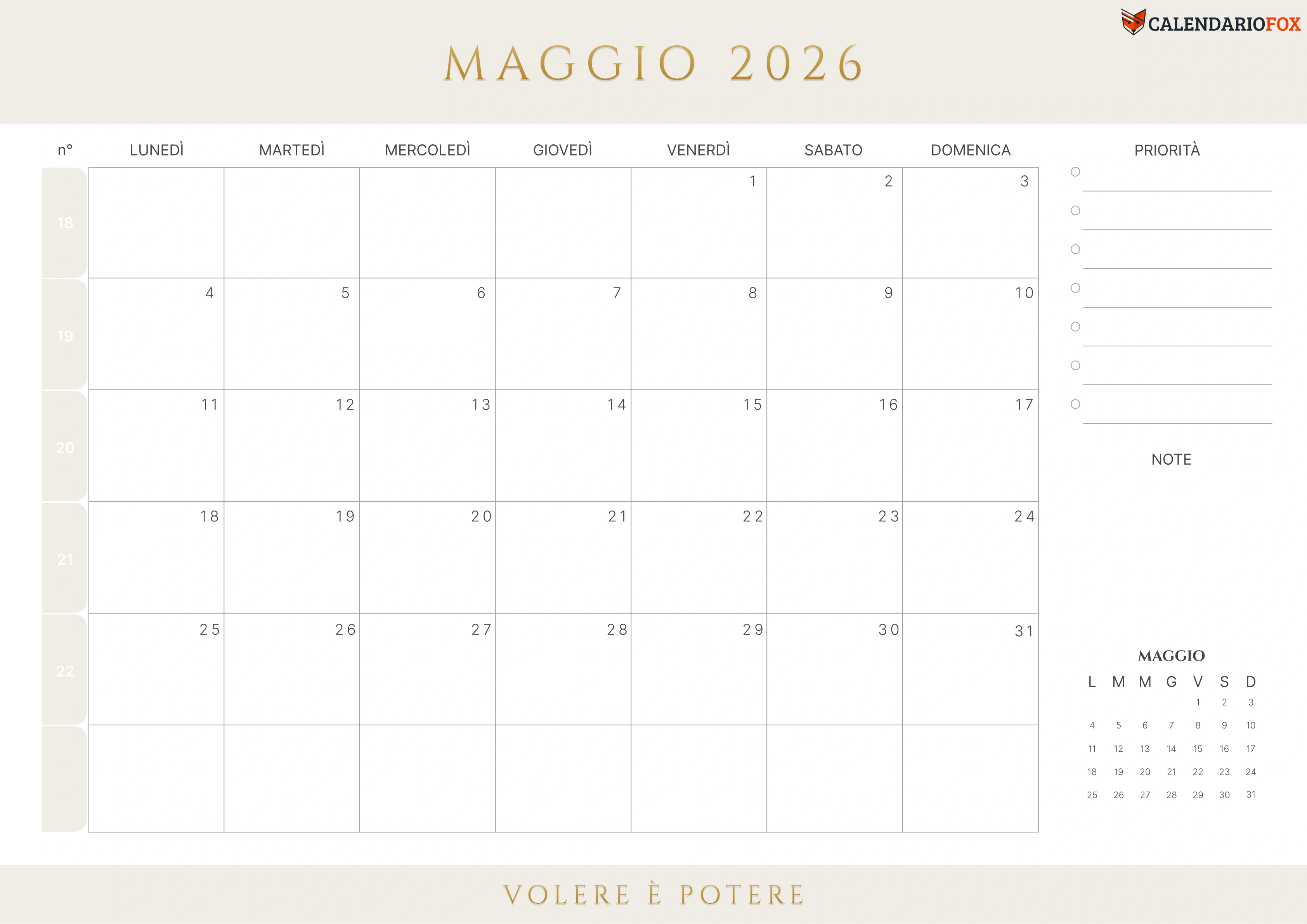Calendario maggio con numeri delle settimane