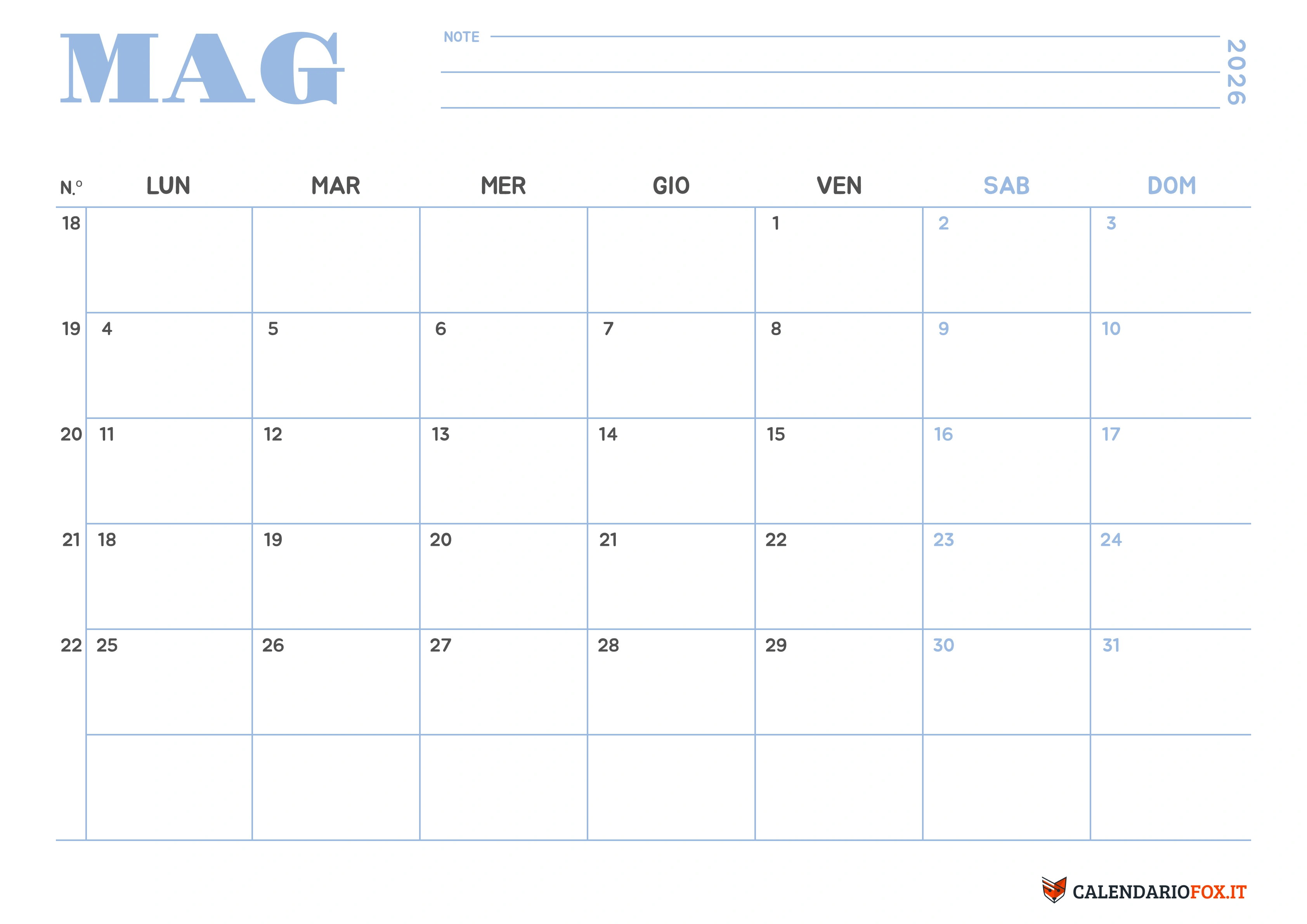 Calendario maggio minimalista