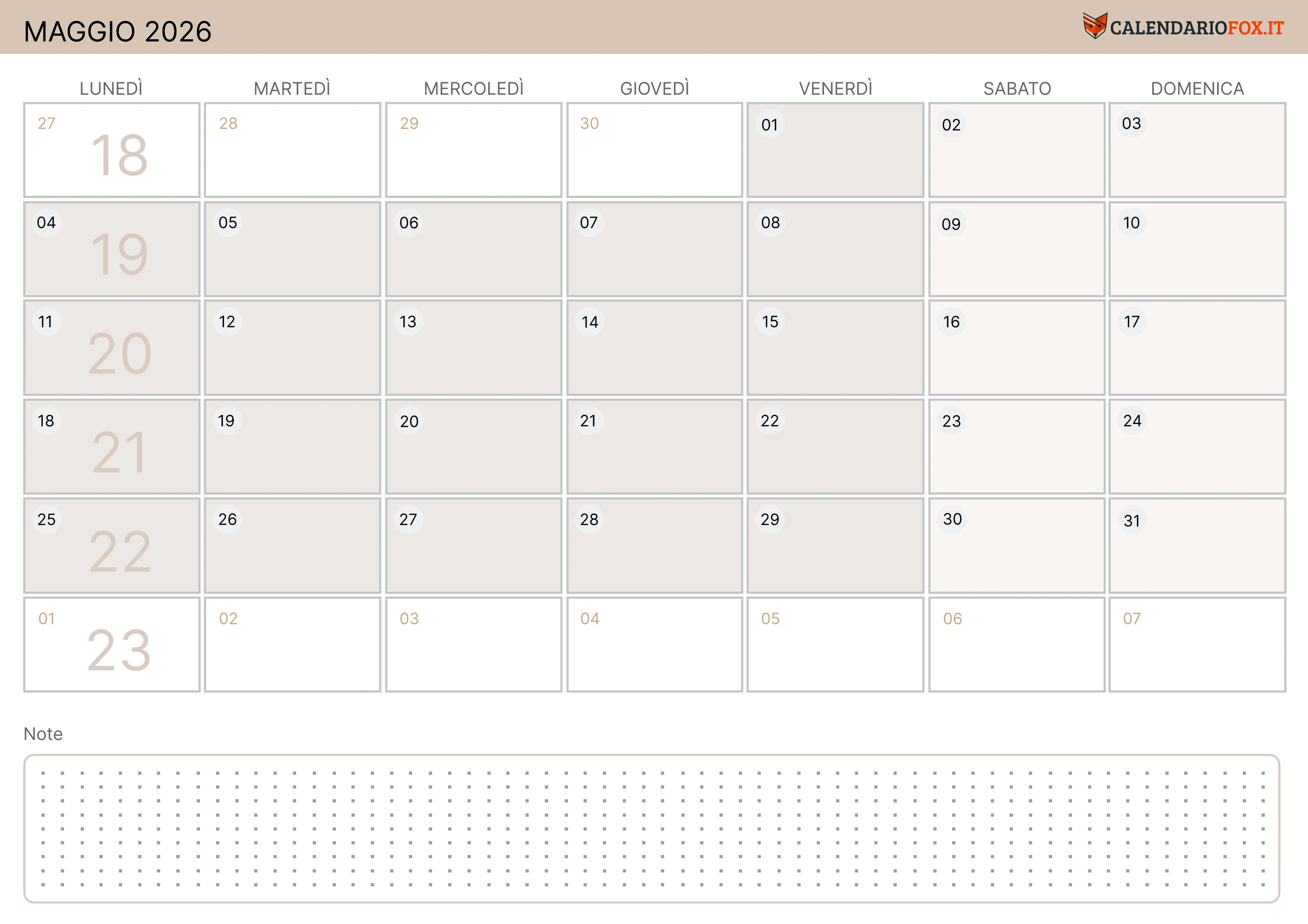 Calendario maggio moderno