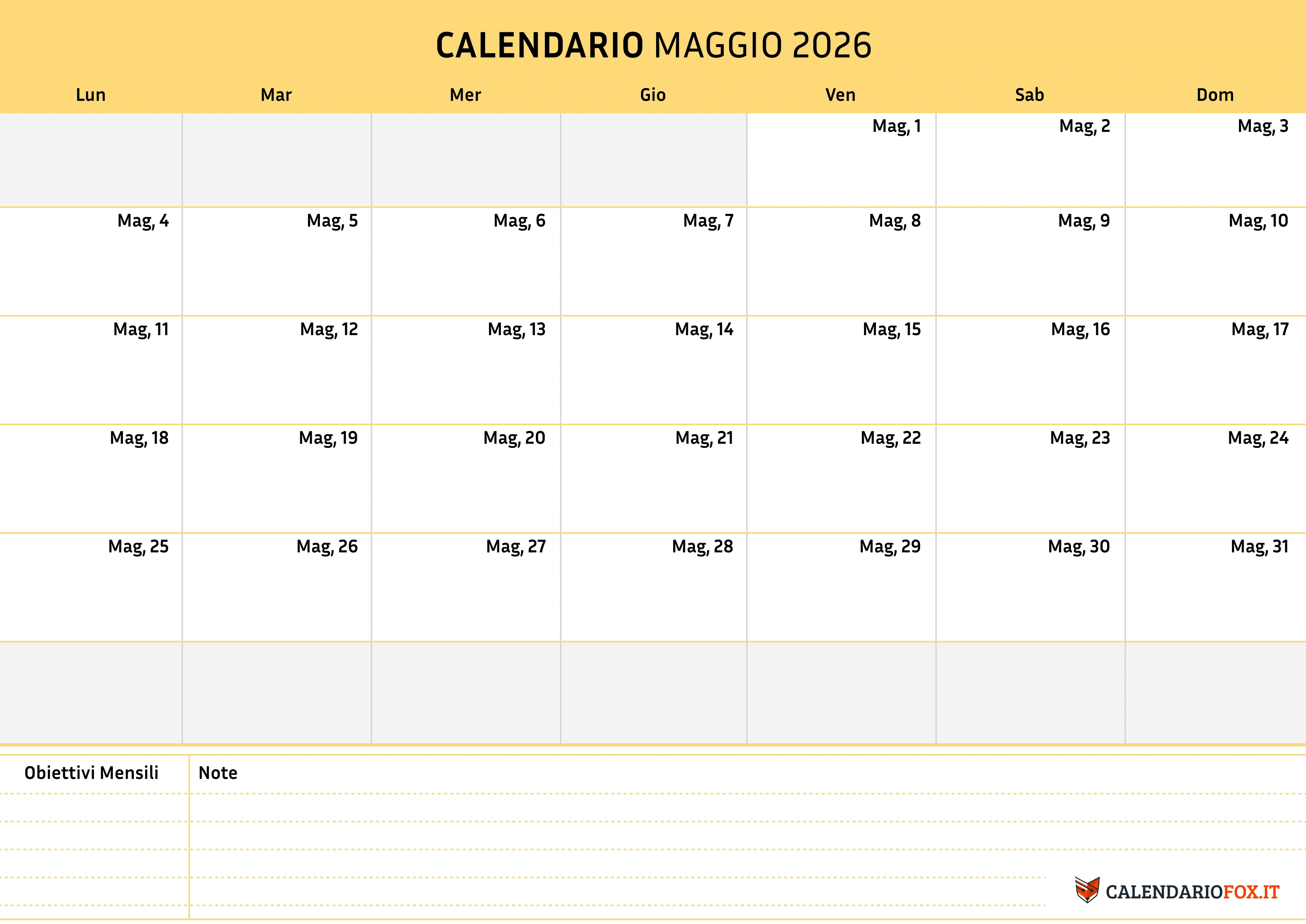 Calendario maggio semplice