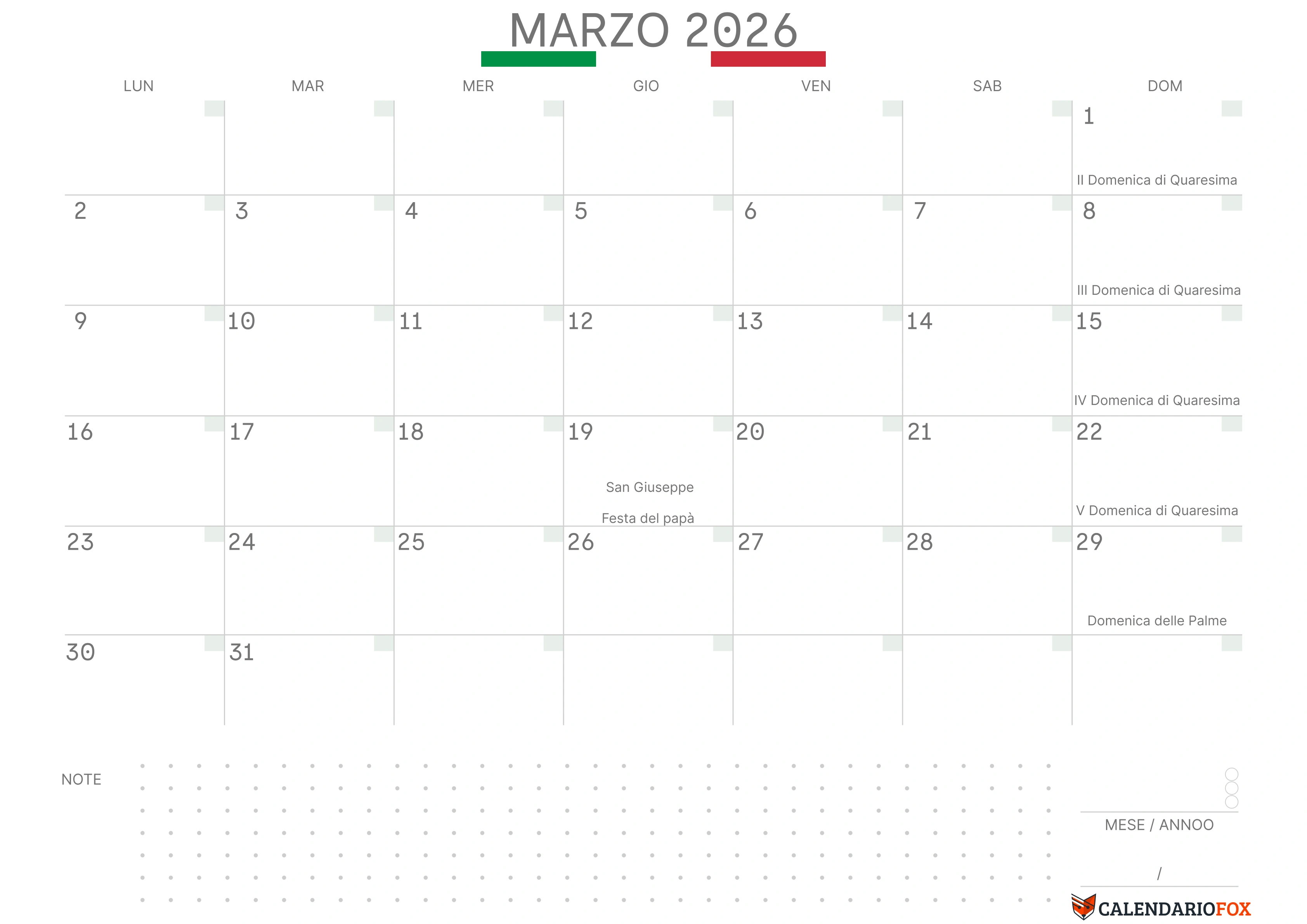 Calendario marzo con bandiera italiana