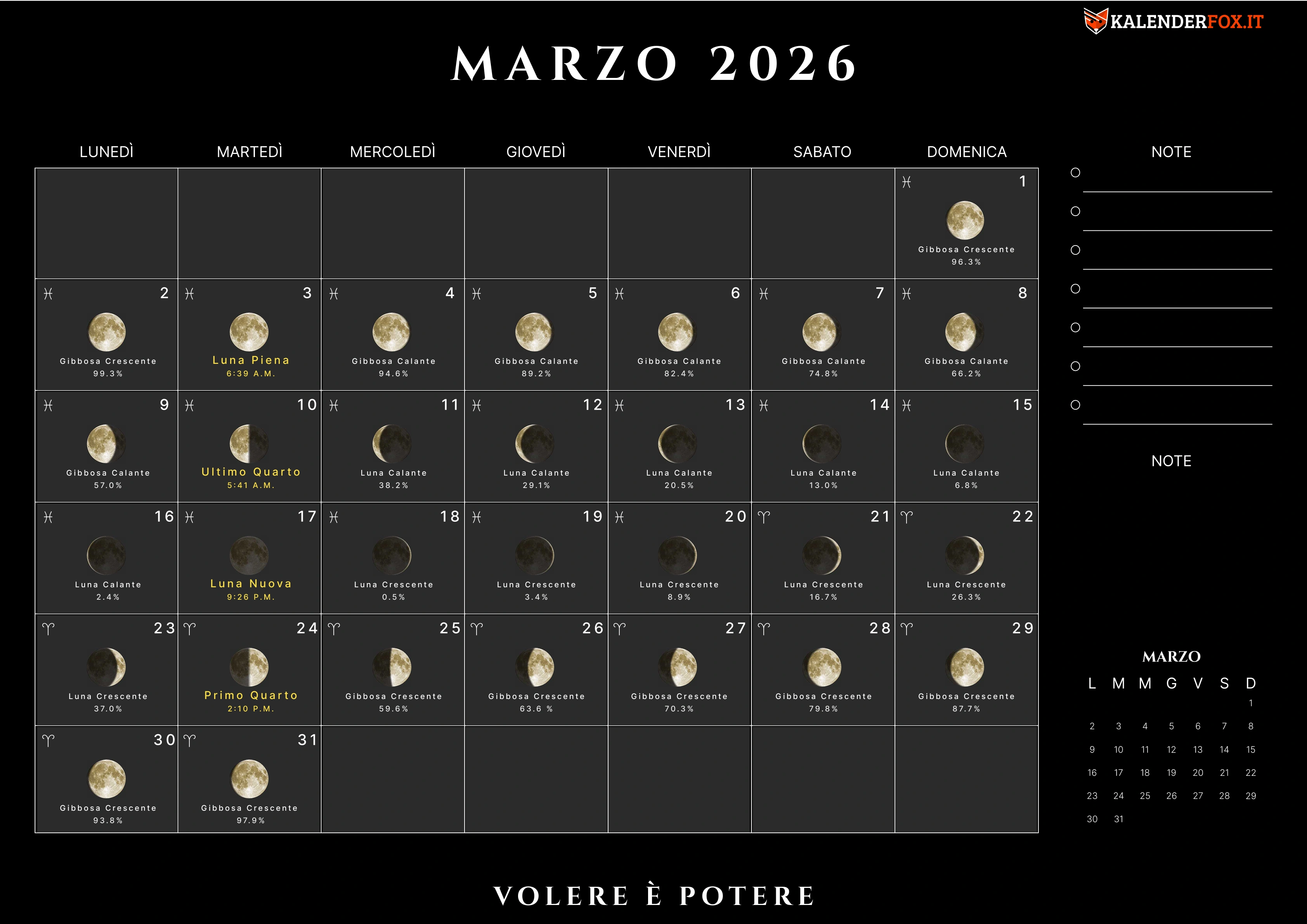 Calendario marzo con fasi lunari