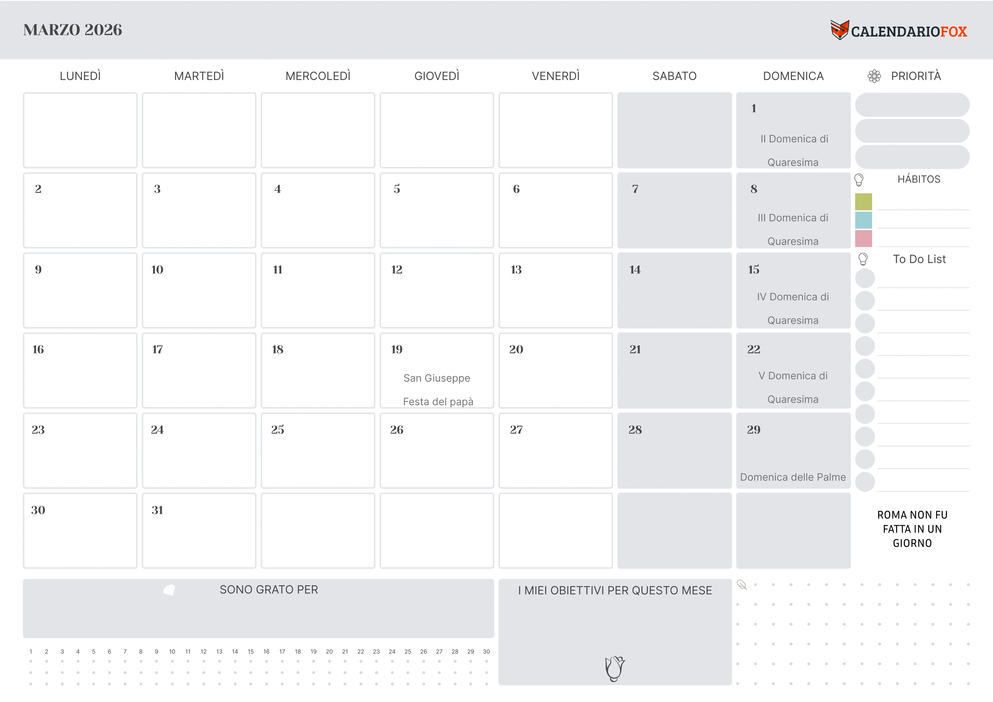 Calendario marzo con festività