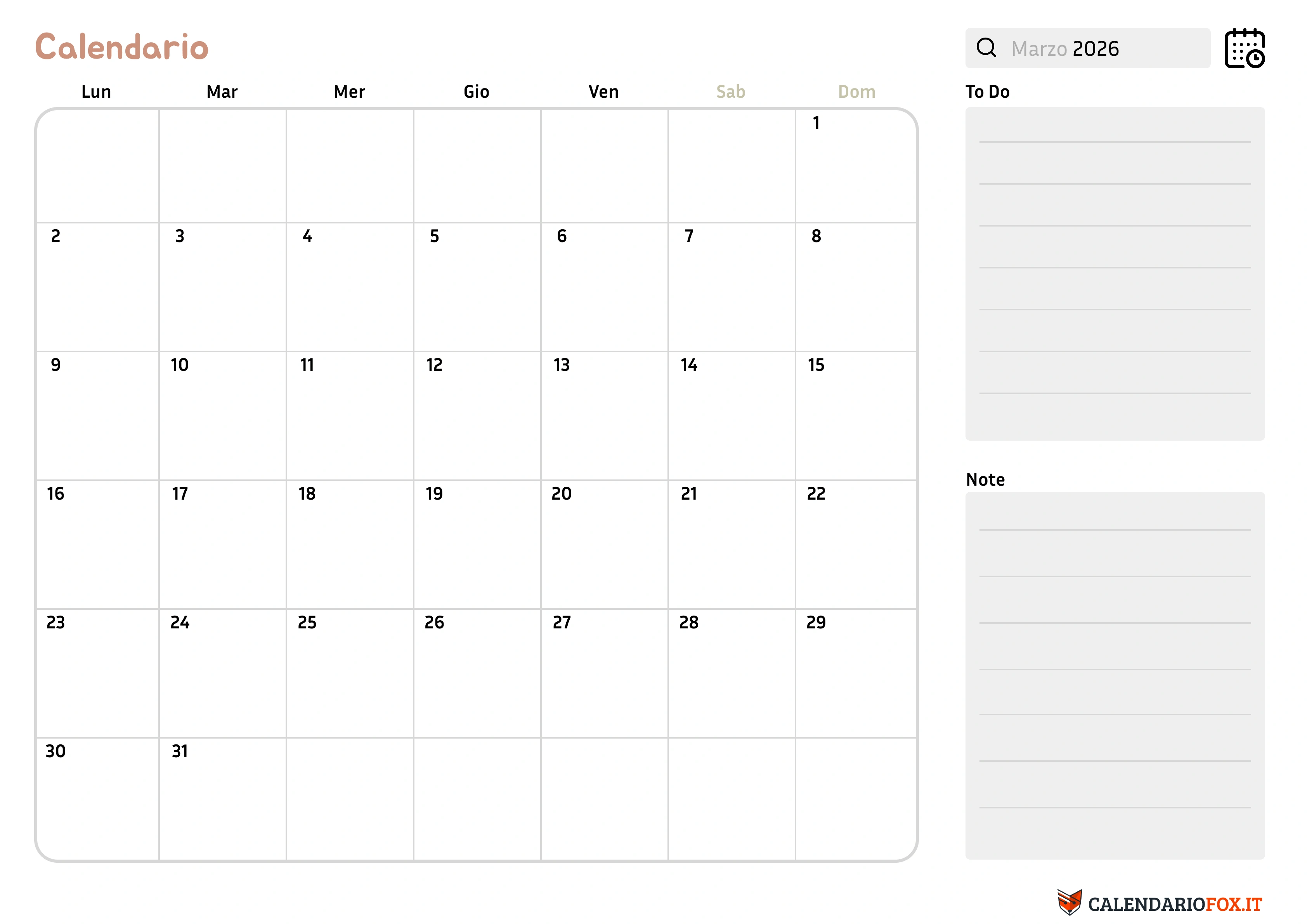 Calendario marzo con note