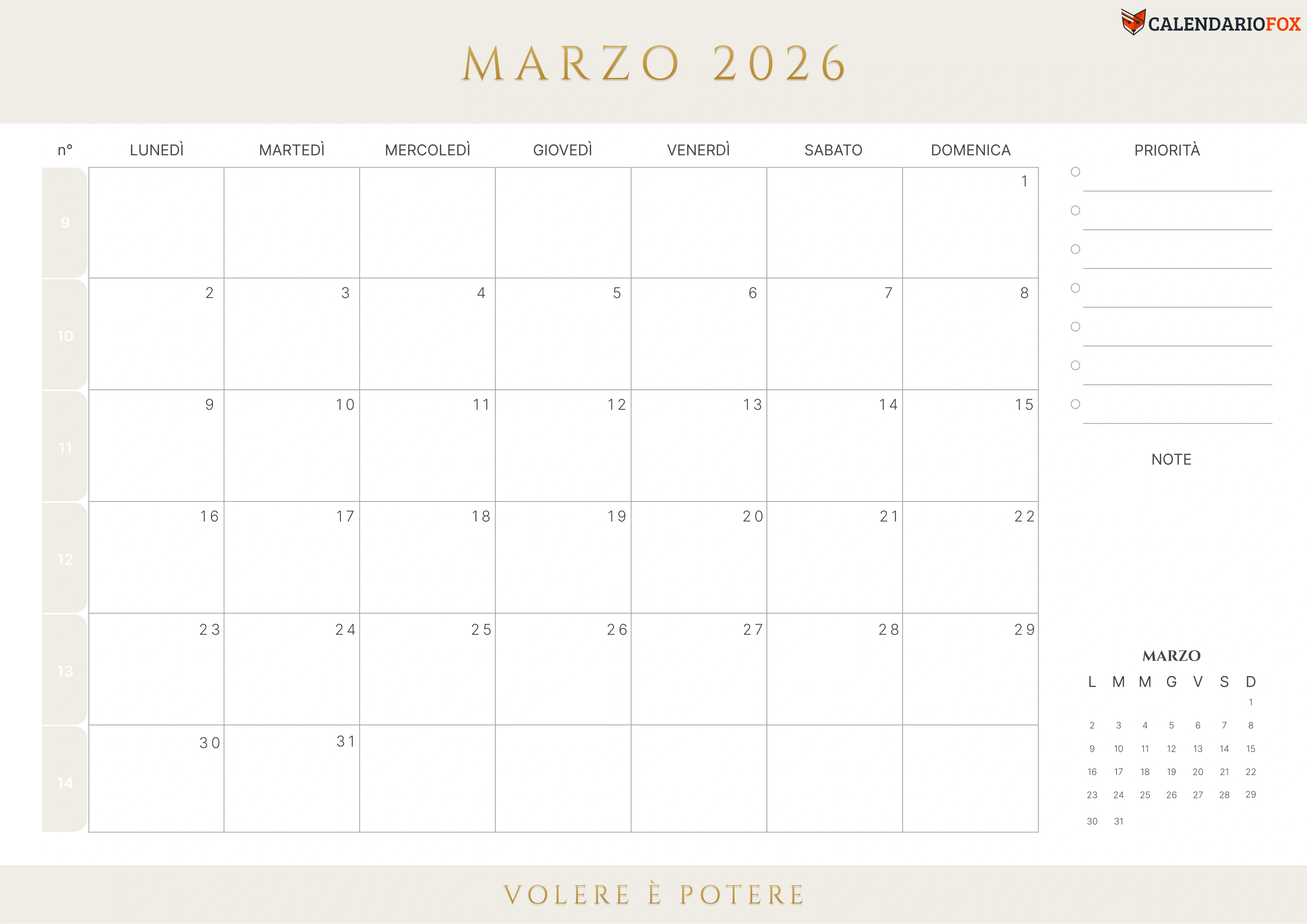 Calendario marzo con numeri delle settimane