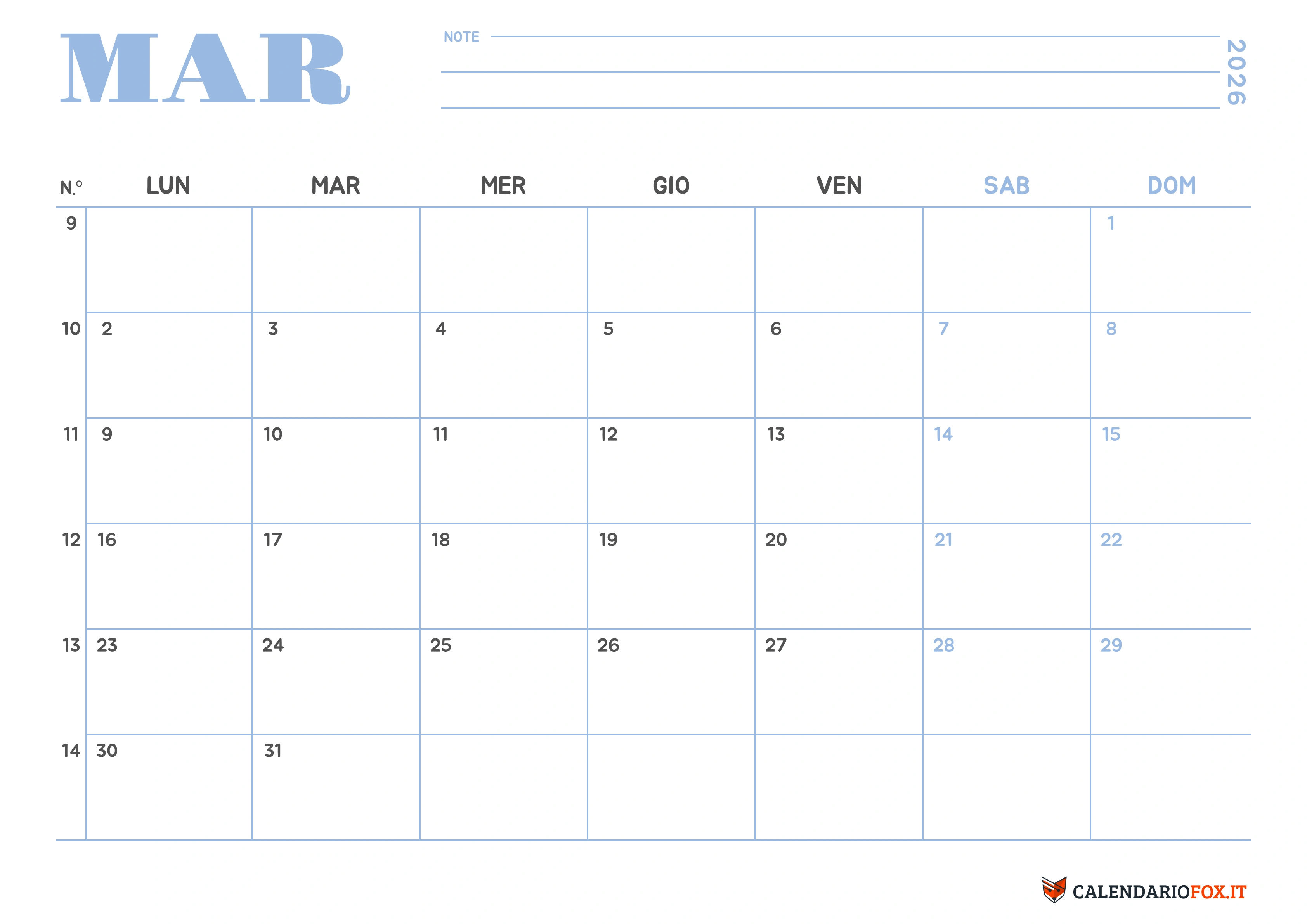 Calendario marzo minimalista