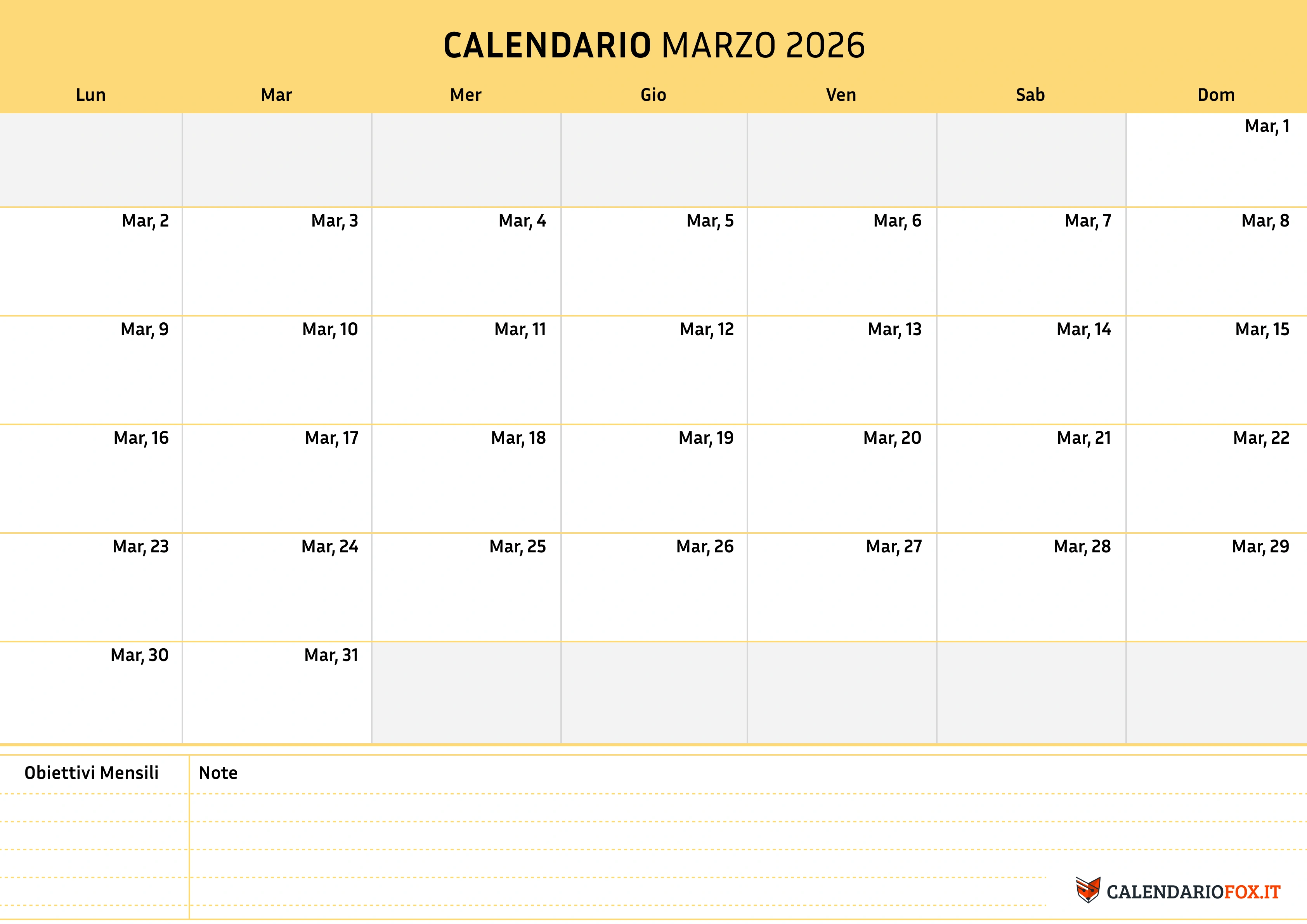 Calendario marzo semplice