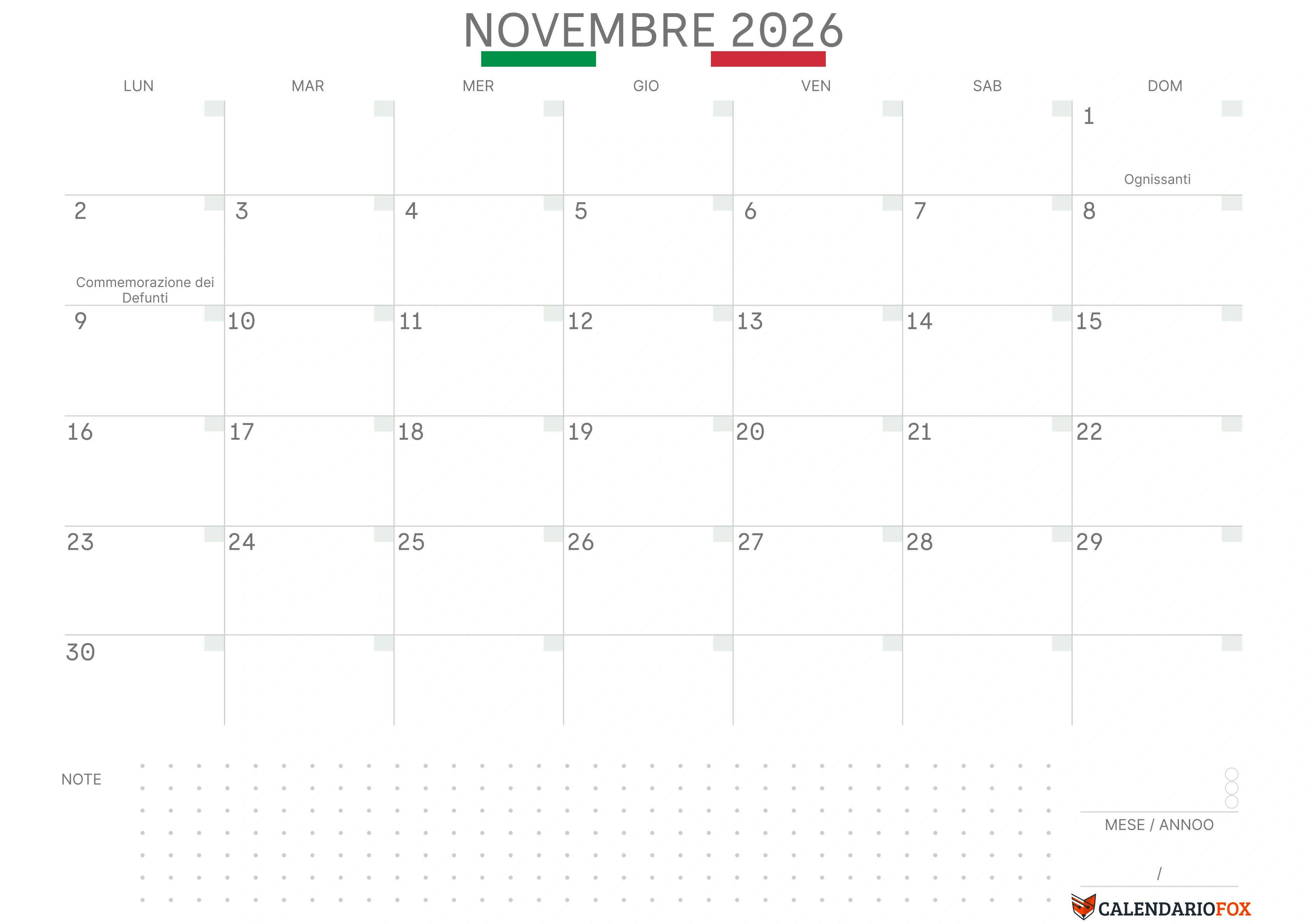 Calendario novembre con bandiera italiana