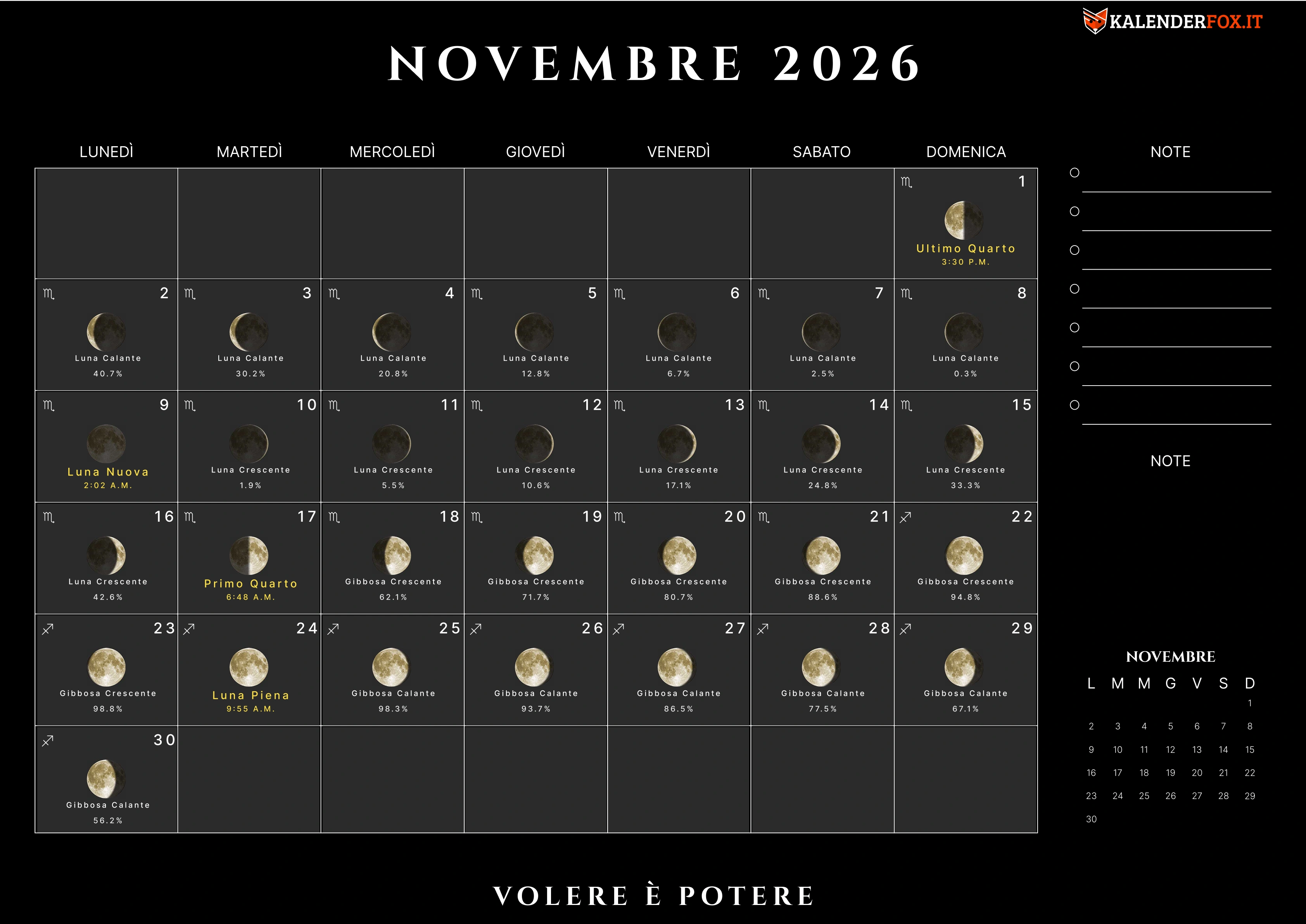 Calendario novembre con fasi lunari