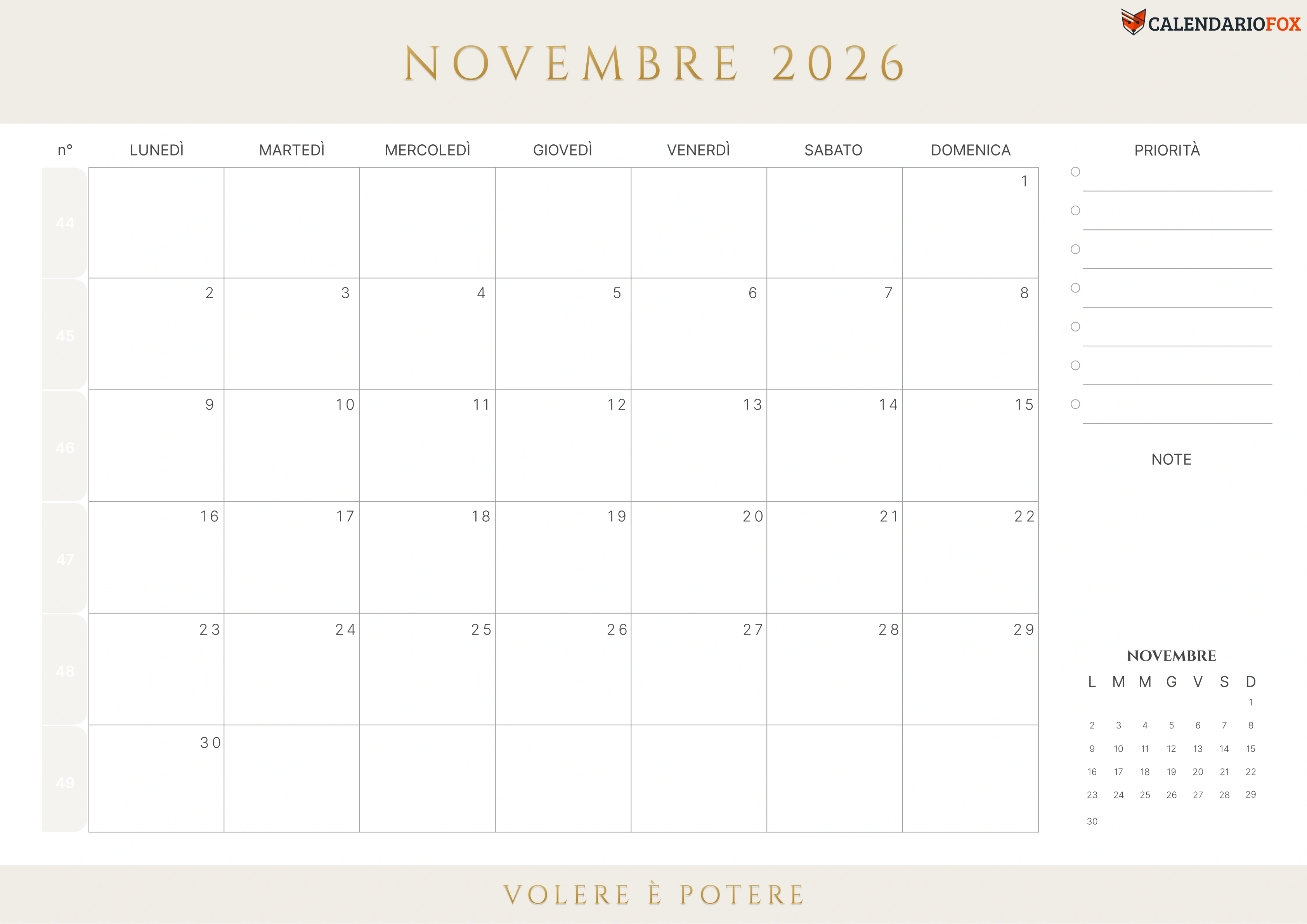 Calendario novembre con numeri delle settimane